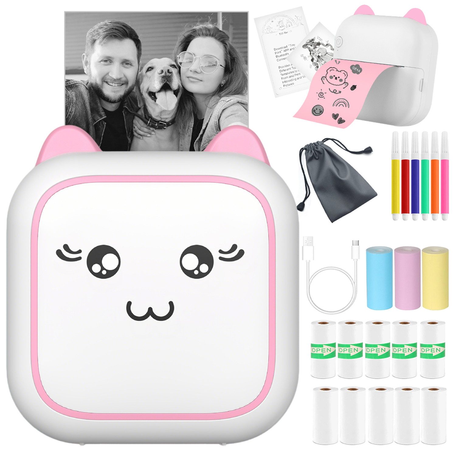 MOPUEA Mini-Thermodrucker Bluetooth,wasserloser Druck,200dpi hohe Auflösung Etikettendrucker, (Kompaktes Design, Bluetooth, 800mAh Akku, vielseitig einsetzbar)
