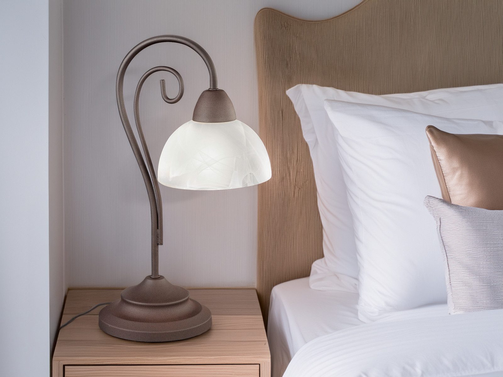 Reality Leuchten LED Nachttischlampe mit Glasschirm inkl. E14 LED, Höhe 40cm, dimmbar, LED wechselbar, Warmweiß, große Landhaus-Stil Tischlampe, Wohnzimmer Tisc – Bild 5 von 5
