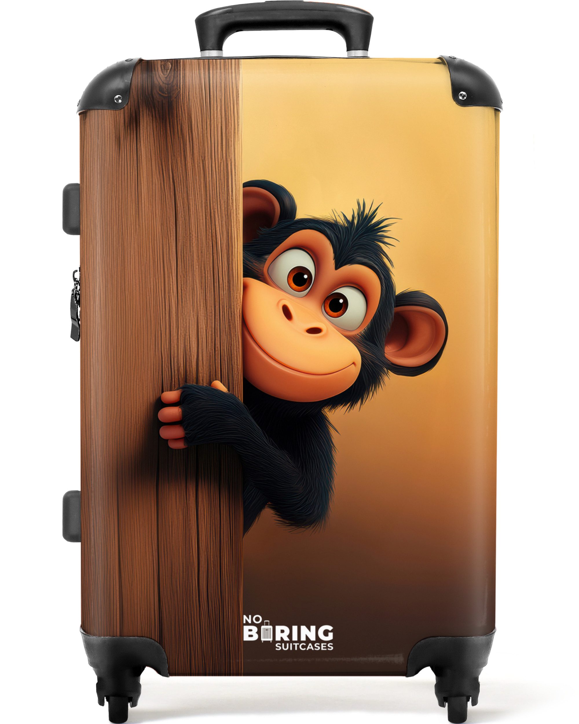 NoBoringSuitcases.com© Kinderkoffer mit leuchtende Räder - Ein Affe hinter einer Holzwand 67 cm - 72 L, 4 Rollen, Mittelgroßer Reisetasche mit Rollen für 20kg, Kinderkoffer