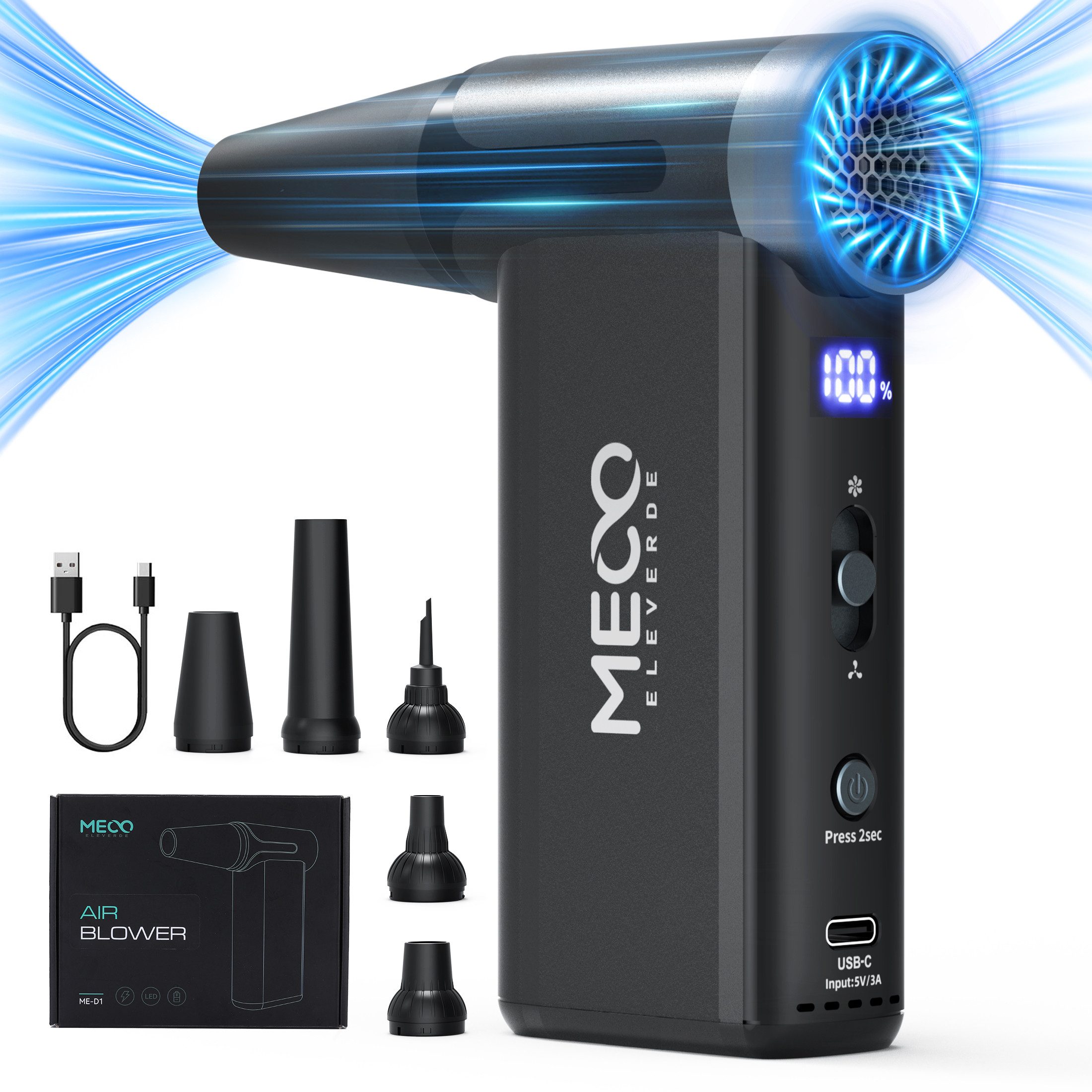 Insma Akku-Handstaubsauger, 100 W, Druckluftreiniger mit LED-Anzeige - 8 Stufen 5 Düsenaufsätze 4000 mAh