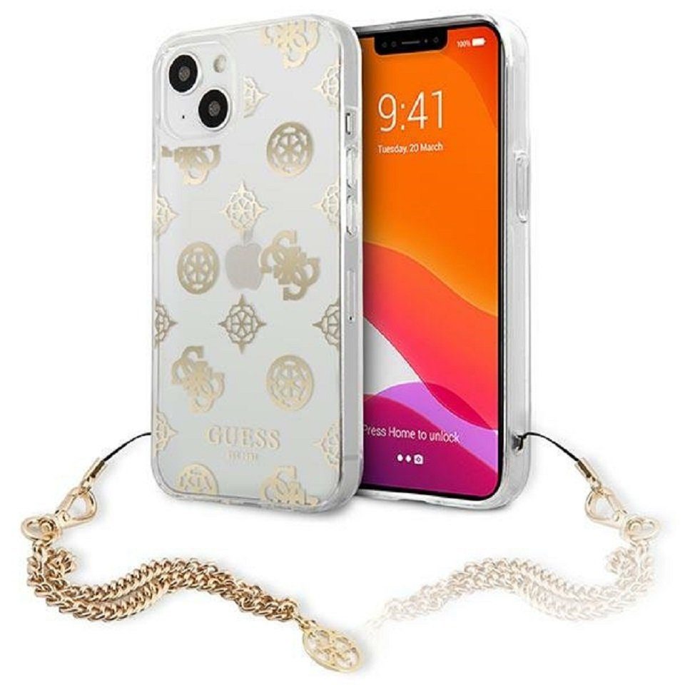 Guess Handyhülle iPhone 13 Mini Case mit Anhänger Hardcase Kunststoff gold 5,4 Zoll, Kantenschutz