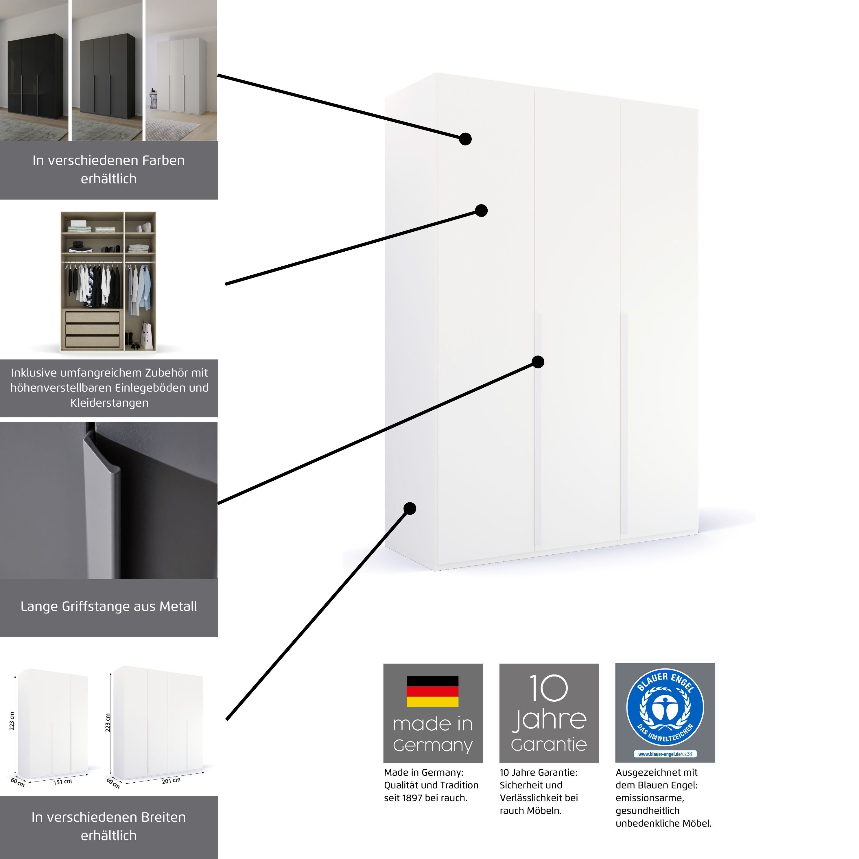 rauch Drehtürenschrank Kleiderschrank Schrank Garderobe Wäscheschrank PURISMA (in den Breiten 151/201/251/301 cm, inkl. SOFT-CLOSE-FUNKTION) schlichte Eleganz, mit umfangreicher Innenausstattung MADE IN GERMANY