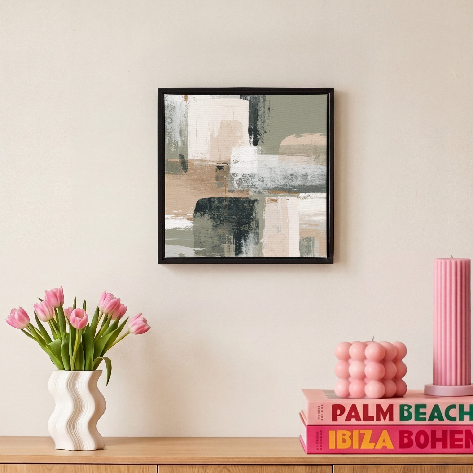 OneMillionCanvasses® Leinwandbild mit Rahmen - Pinselstriche - Abstrakt - Erdtöne, Fotodruck (1 St), Leinwand Bilder Klein, Wand Dekoration Aesthetic 20x20cm – Bild 4 von 5