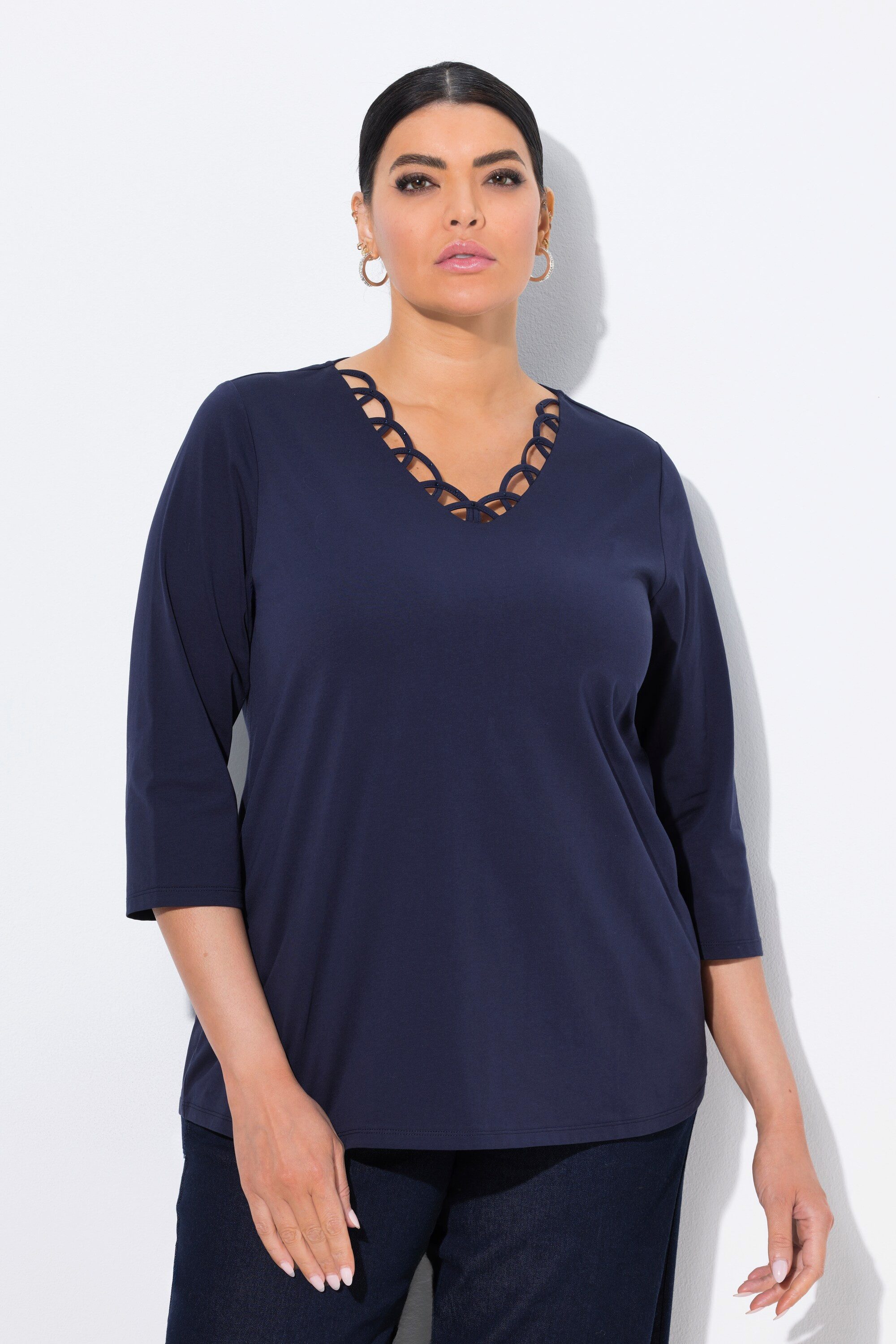 Ulla Popken T-Shirt Shirt verzierter V-Ausschnitt Classic 3/4-Arm günstig online kaufen