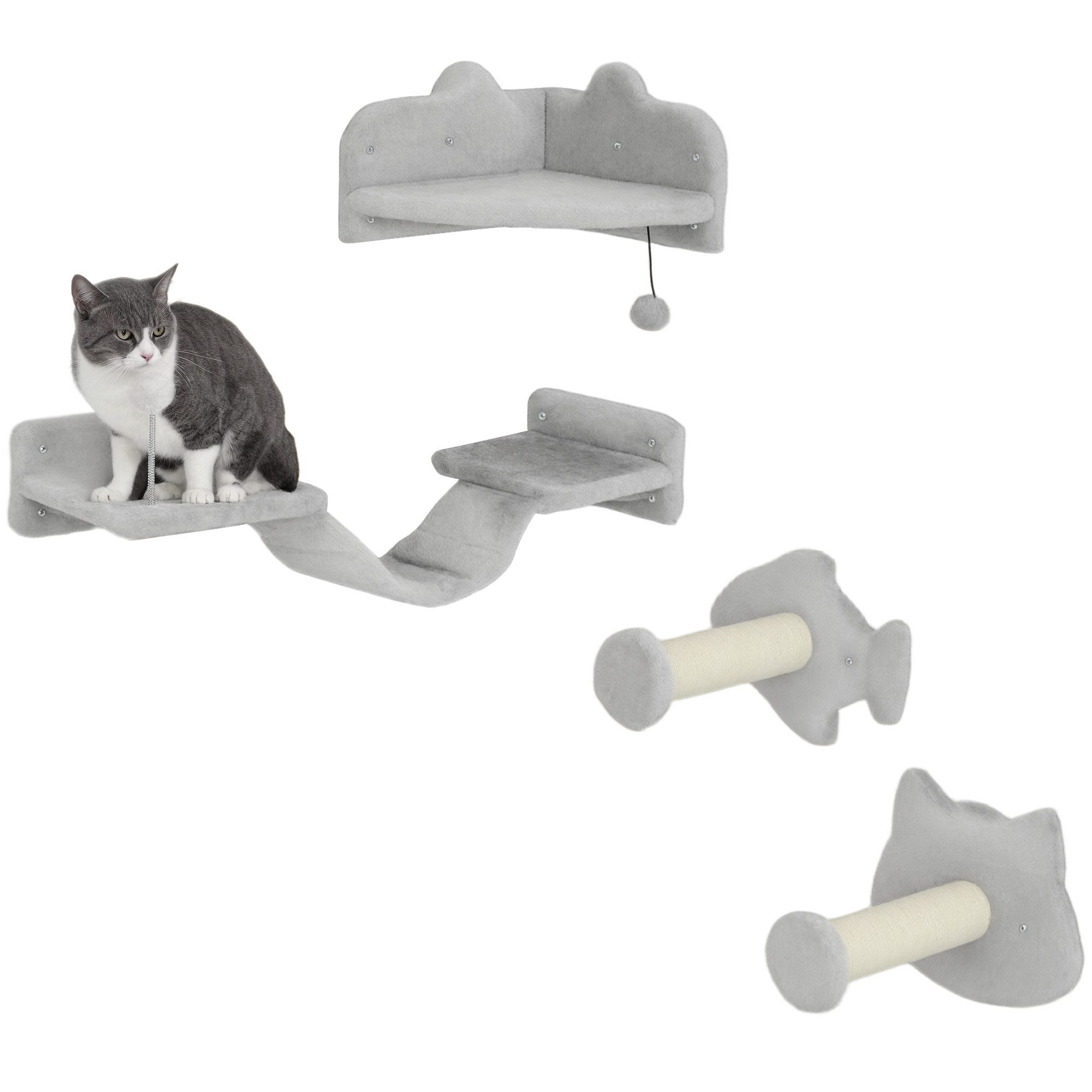 PawHut Katzen-Kletterwand Katzenmöbel mit Stufen, Leiter, Sprungtürmen, Kratzbäumen, Spielball, für Katzen bis 5 kg, Hellgrau