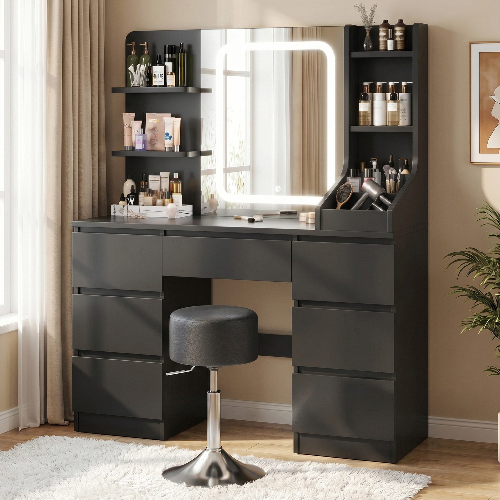 HOMALL Schminktisch Set aus Schminktisch und Hocker, mit LED-Beleuchtung (Maße: 110 x 40 x 139 cm, dimmbare Beleuchtung, inklusive Hocker und Schminktisch, mit 7 Schubladen und 8 offenen Fächern)