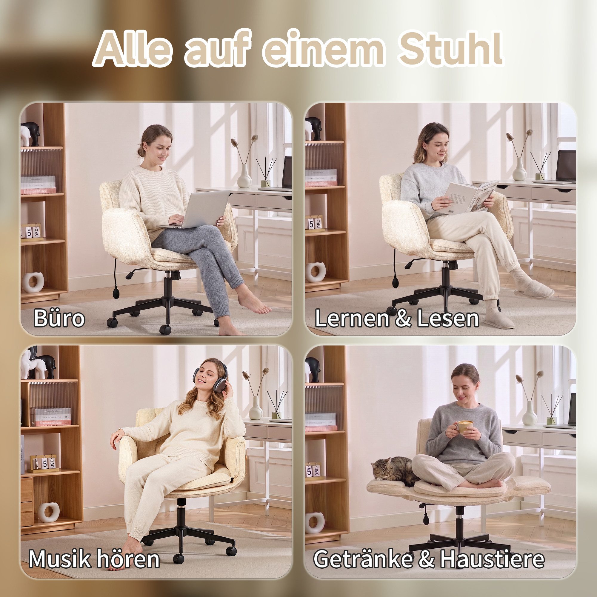 Vankel Drehstuhl Bürostuhl ergonomisch mit breitem Sitz & 5-fach Armlehnen, Schreibtischstuhl mit Chenille-Bezug, Rollen & 150 kg – Bild 4 von 5