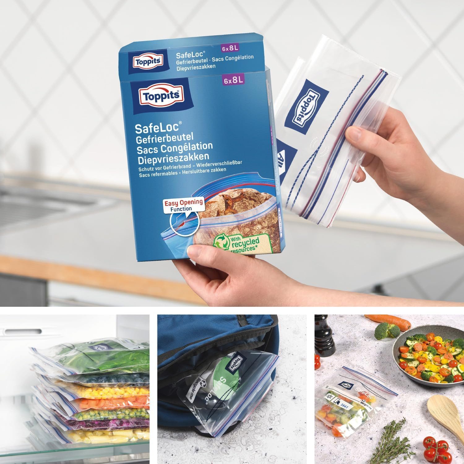 Toppits Gefrierbeutel 1x Toppits Doppelverschluss Gefrierbeutel SafeLoc - 6 x 8L, Extra dick & reißfest, Transparent, Ideal für Lebensmittelaufbewahrung