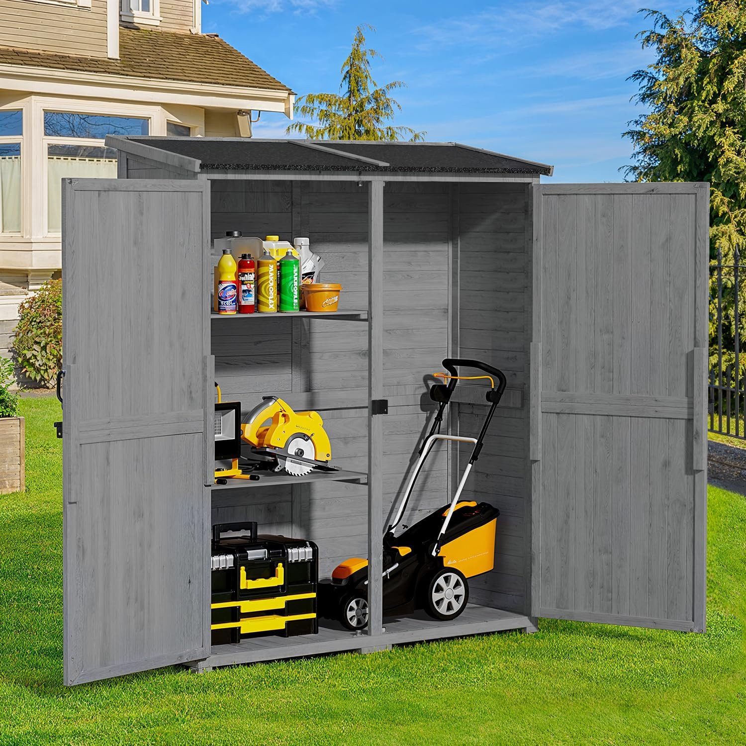 Blishom Gartenhaus Breiter Garten-Geräteschrank mit Doppeltüren, Schrägdach wetterfester, mit Schloss und zwei Einlegeböden, 162 × 140 × 50 cm