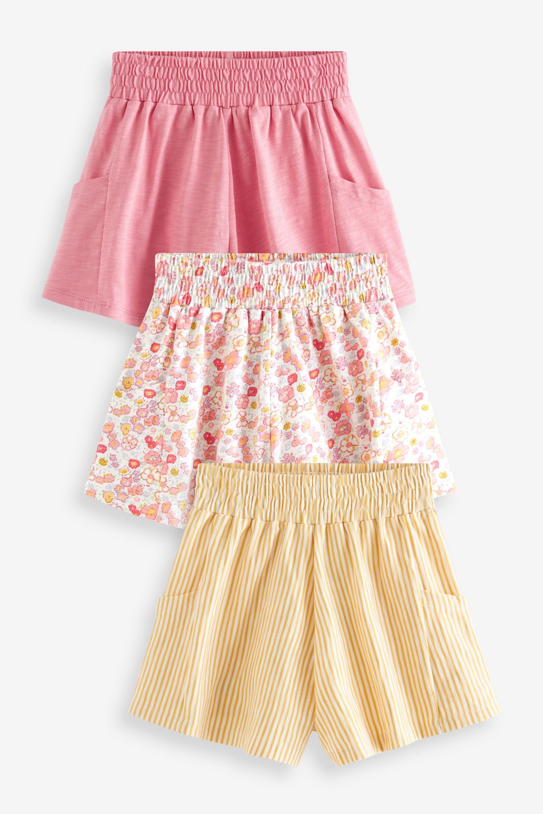 Jerseyshorts, Sweatshorts (3-tlg) Floral genoppte Pink/ Next 3er-Pack White & Ecru Stripe Weiche,