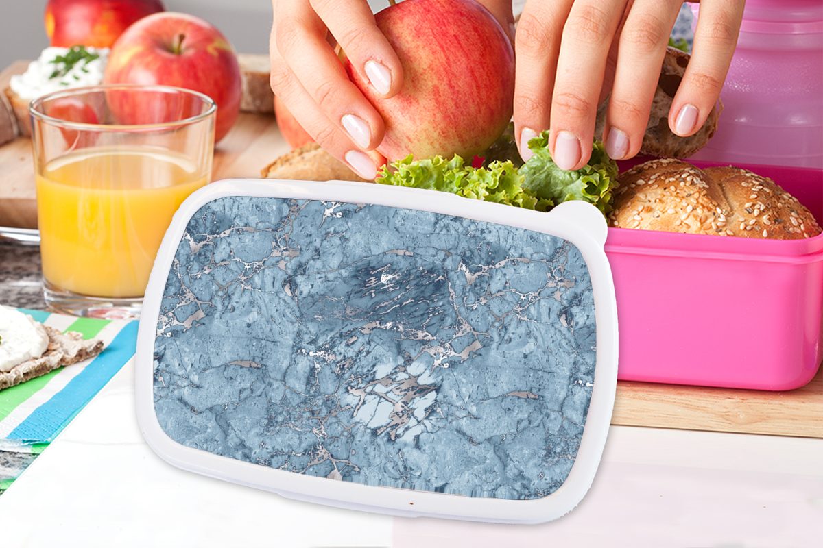 MuchoWow Lunchbox Blau - rosa Silber Kinder, Snackbox, (2-tlg), Mädchen, Brotdose - Muster, Marmor Kunststoff Brotbox - Kunststoff, Erwachsene, für