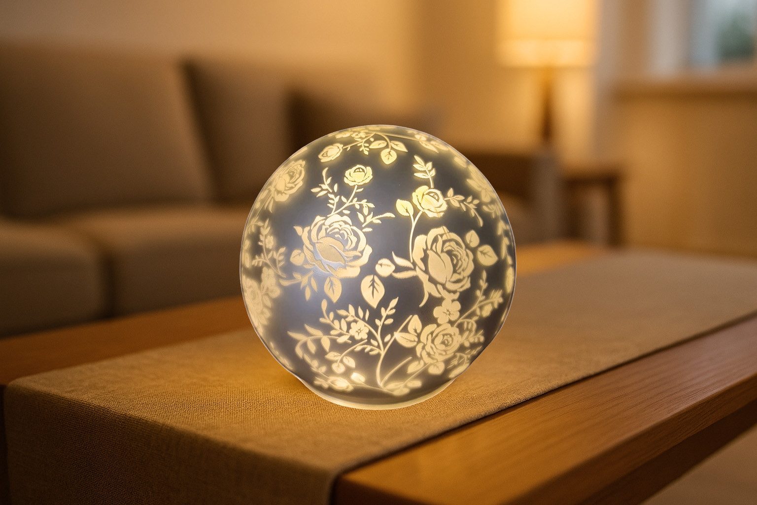 formano LED Dekolicht LED Glas-Kugel Silber Rosenmotiv 10cm batteriebetrieben mit Timer Deko, LED fest integriert