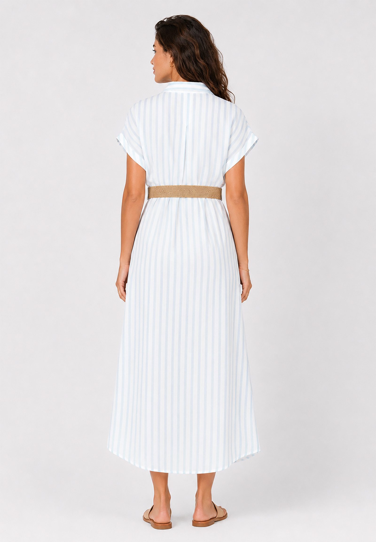 Eight2Nine Shirtkleid Flechtgürtel Gestreiftes Design für Damen (lang, 1-tlg) Leinen Normal Fit V-Ausschnitt Kurzarm Einfarbig Knopfleiste – Bild 4 von 5