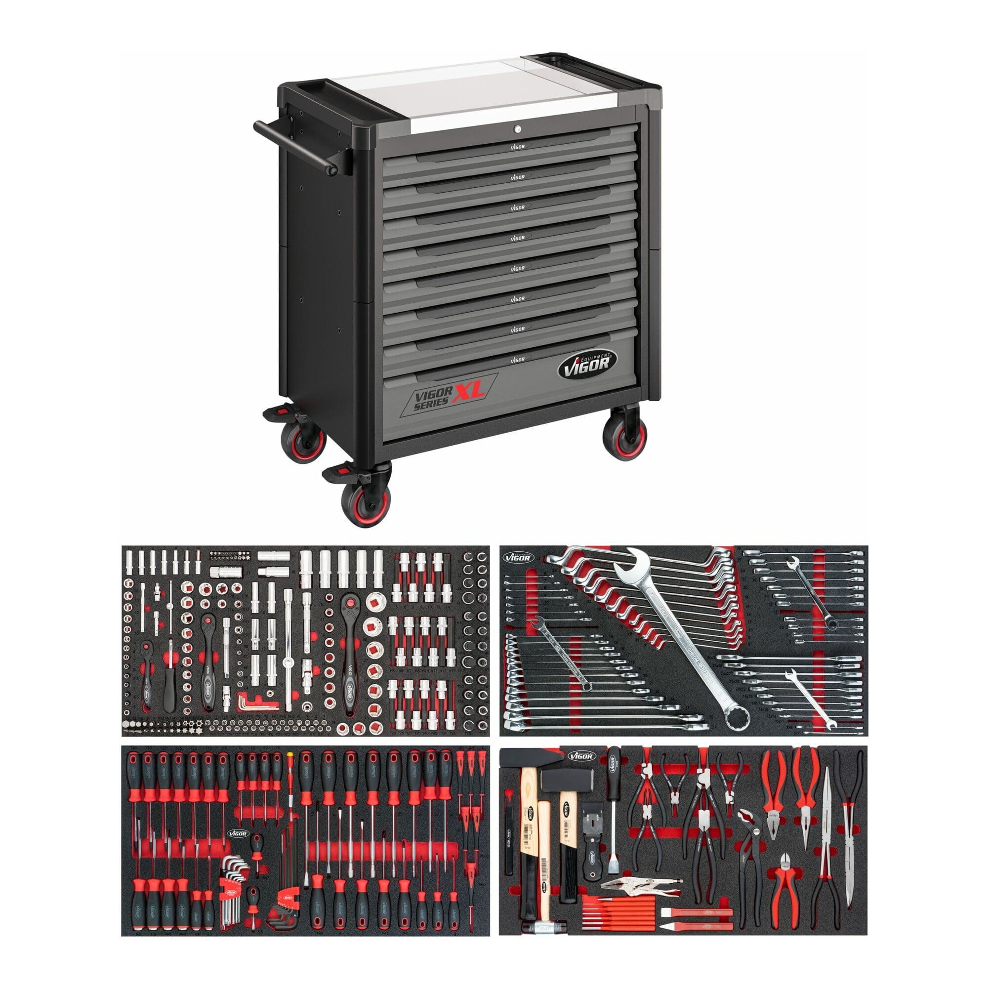 VIGOR Werkstattwagen VIGOR 1000 XL Edelstahl inklusive Sortiment 374-teilig V4481-X/375 ∙