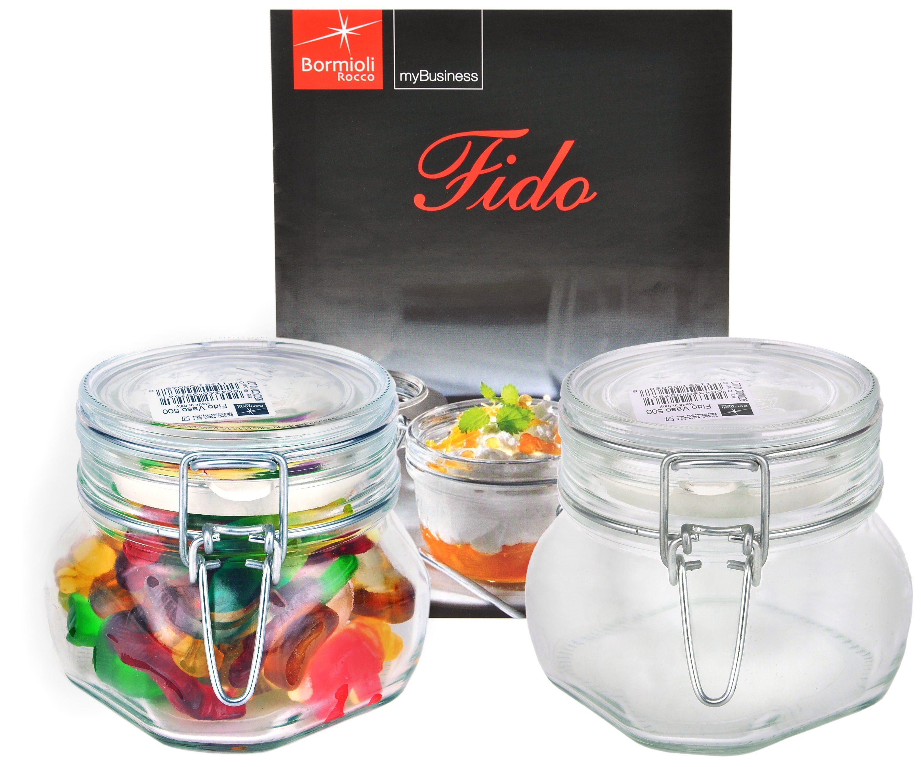 MamboCat Vorratsglas Bügelverschluss Fido Rezeptheft, incl 0,5L 2er Set Original Einmachglas Glas