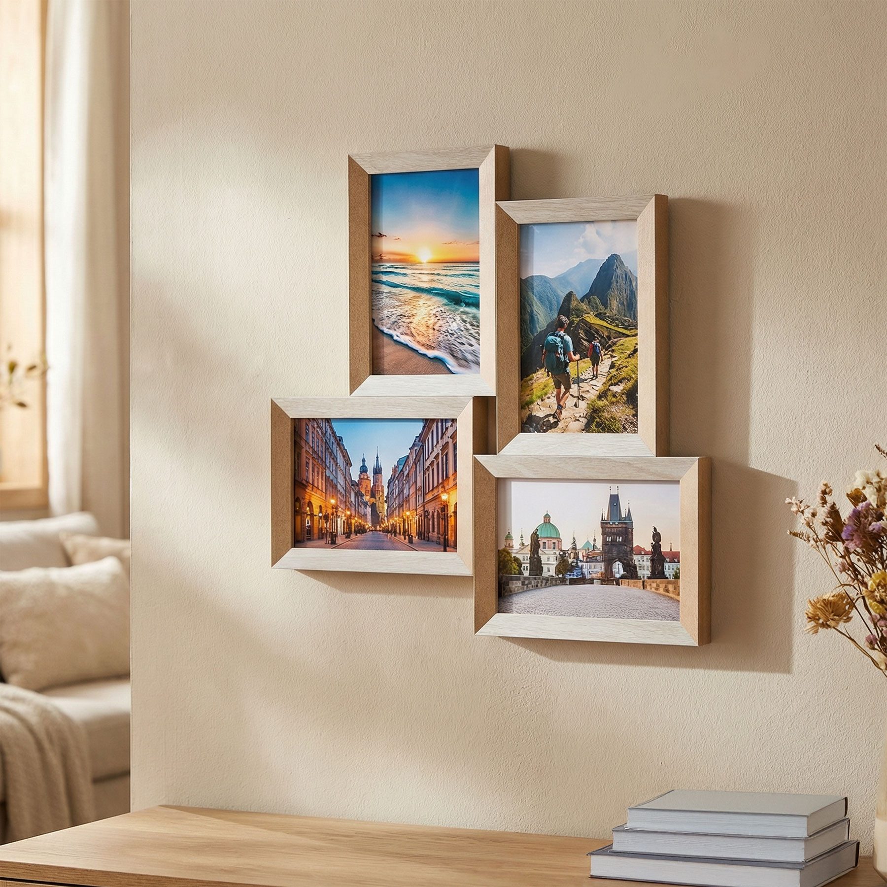 Levandeo® Bilderrahmen Collage Bilderrahmen Collage 4 Fotos 10x15 Natur Weiß MDF Holz Fotorahmen Deko