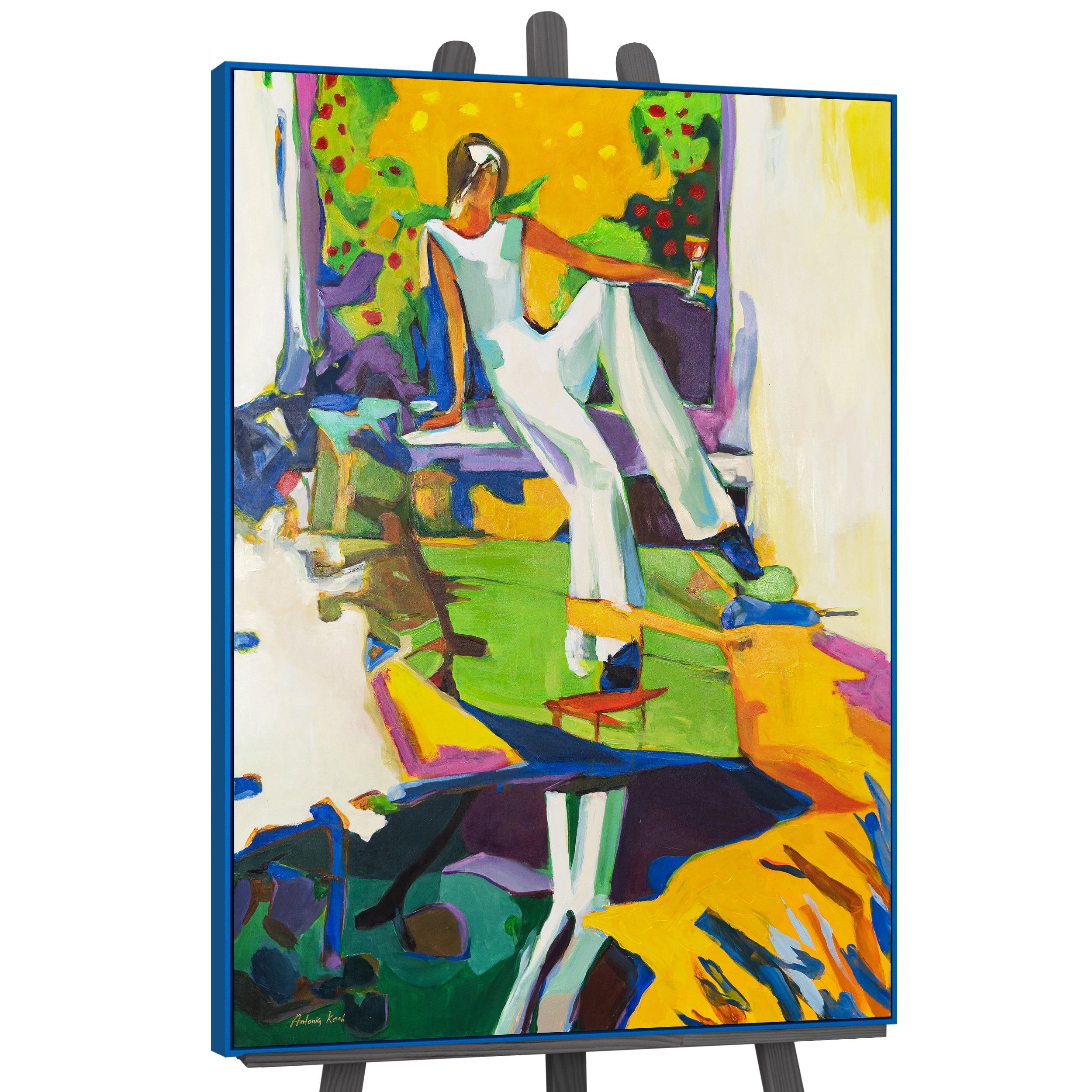 YS-Art Gemälde Der Moment der Inspiration, Abstraktion, gerahmtes Leinwandbild Frau mit Schlaghose in Bunt