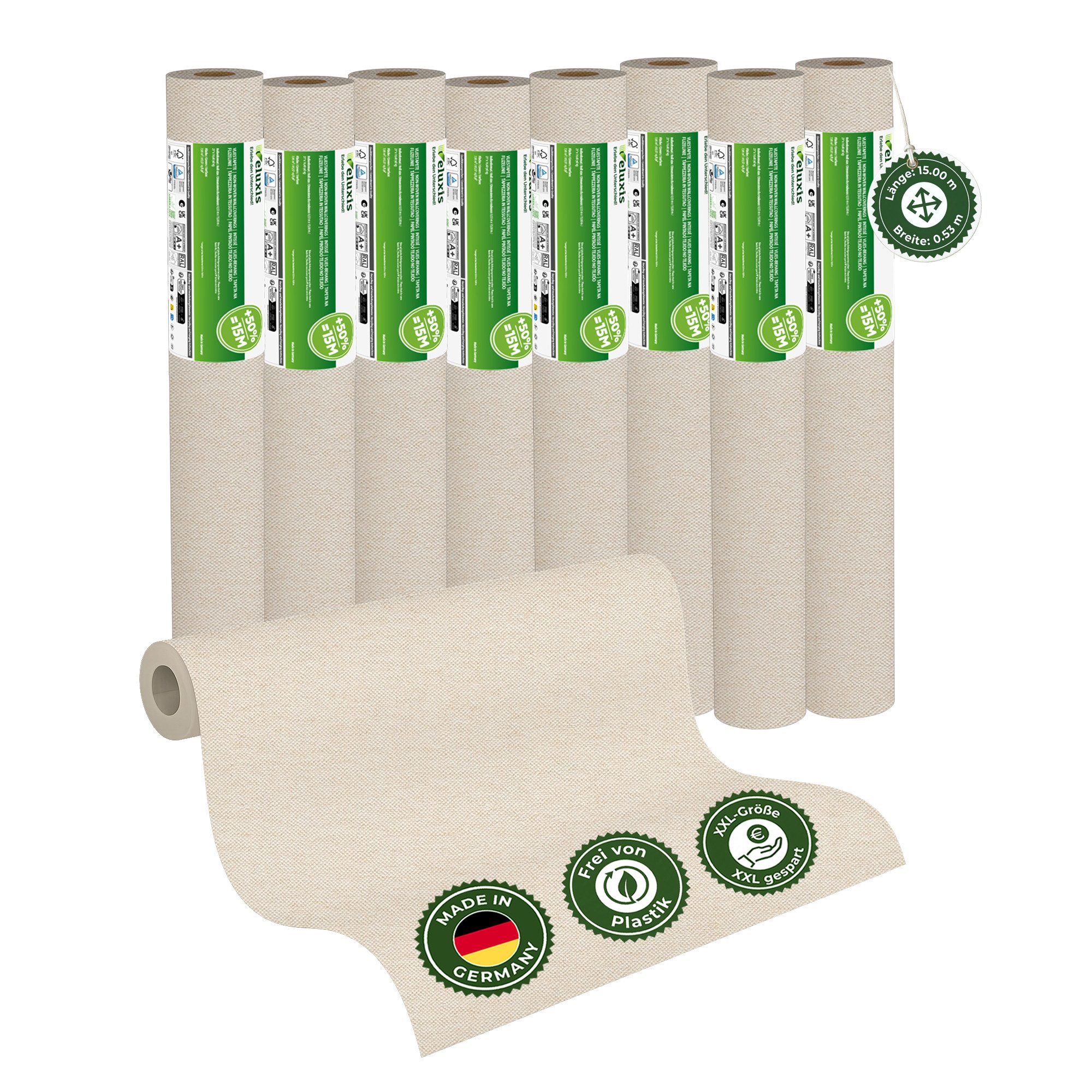 Veluxis Malervlies UNI Glattvlies Vliestapete XXL Rolle, (8-St), 15m x 0,53m – Matt & leicht strukturiert - Made in Germany