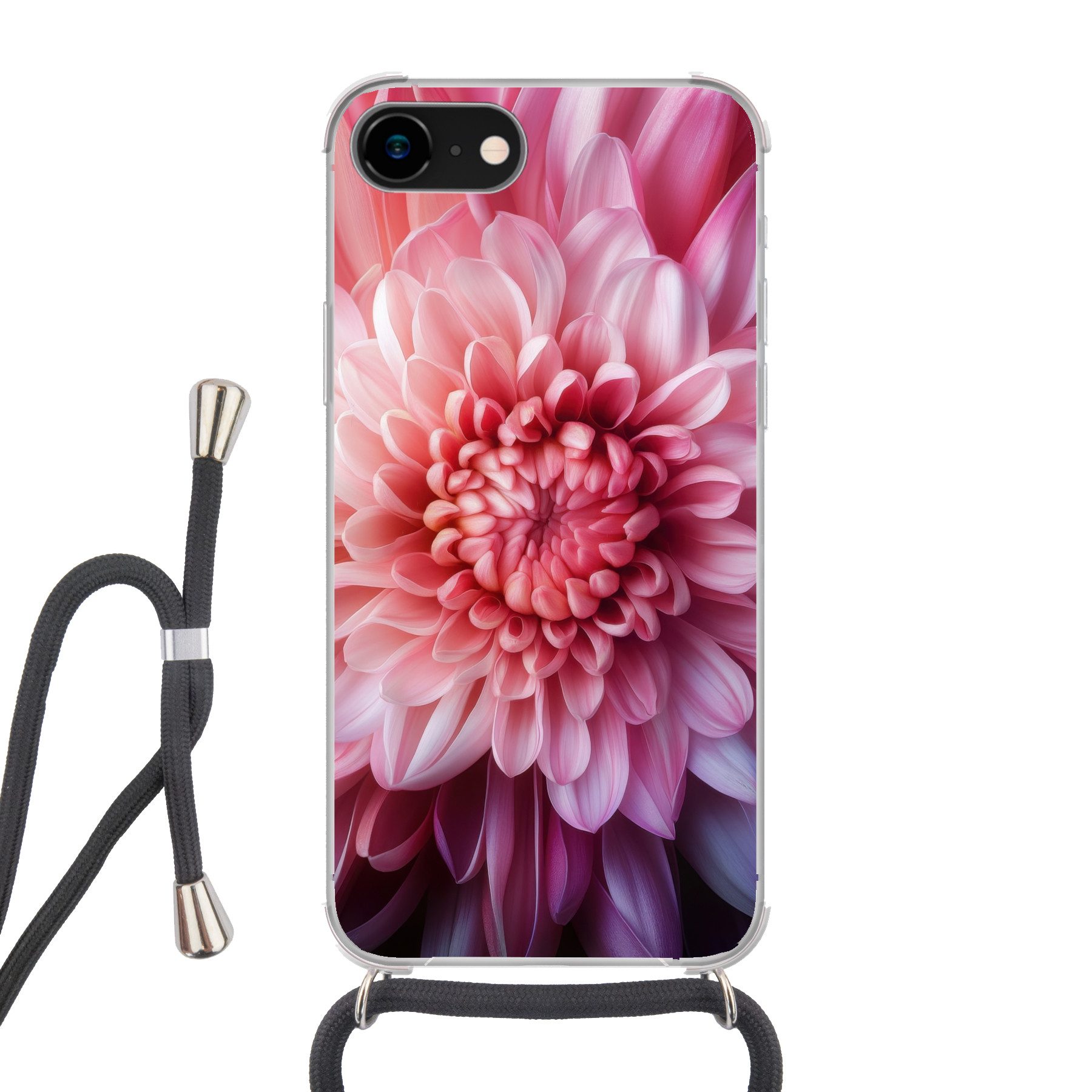 MuchoWow Handyhülle für Apple iPhone 8 Dahlie - Blume - Nahaufnahme - Rosa, Tragbare Handyhüllen mit Kette zum umhängen, Handykette Handyband