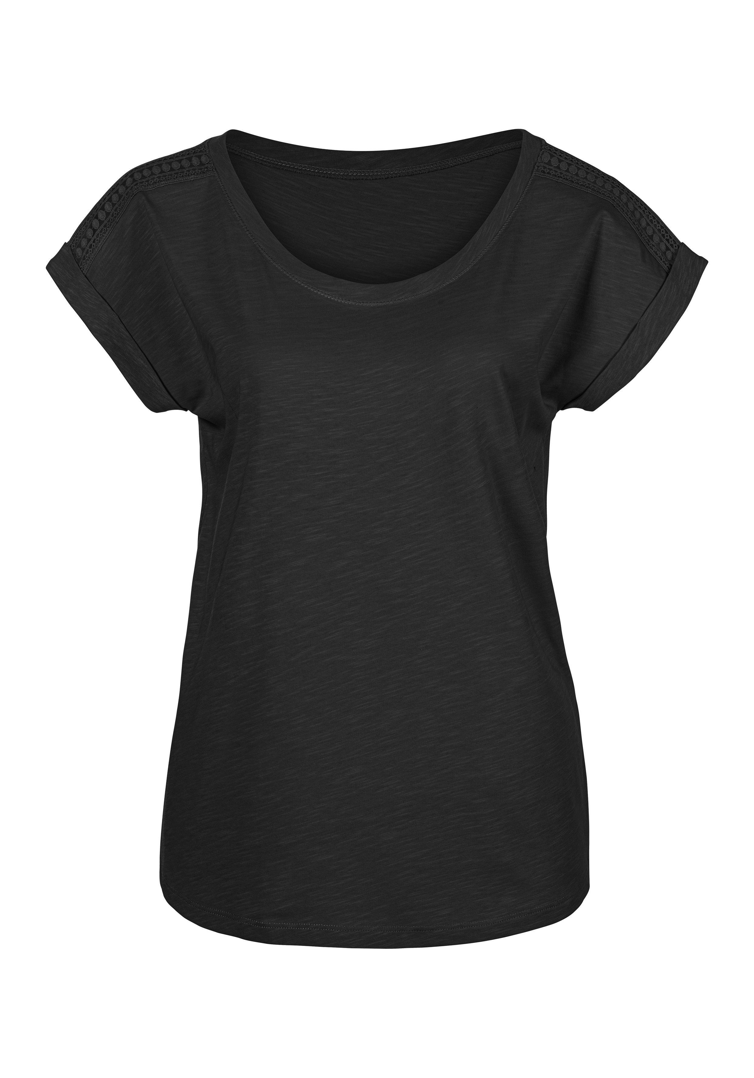T-Shirt der 2er-Pack) Schulter mit an Häkelspitze creme (Packung, schwarz, Vivance