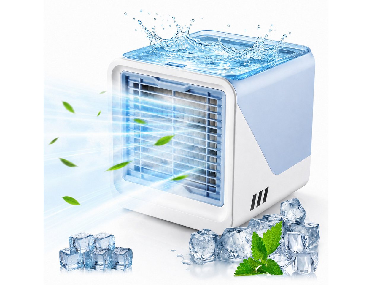 MOPUEA Ventilatorkombigerät Mini Luftkühler USB mit Wasserkühlung, Luftzirkulator 500ML Wassertank, 3 Stufen tragbarer Luftbefeuchter Ventilator für Büro und Schlafzimmer
