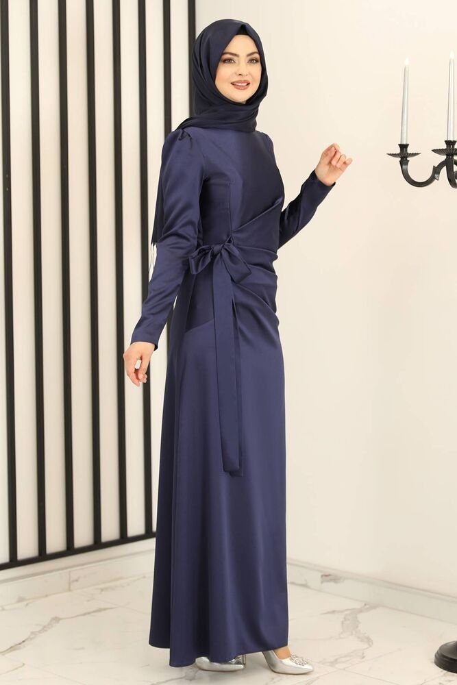 Abendkleid Navy mit Modavitrini Schleife langärmliges Abiye Blau Hijab Satinkleid Damen Maxikleid Abaya