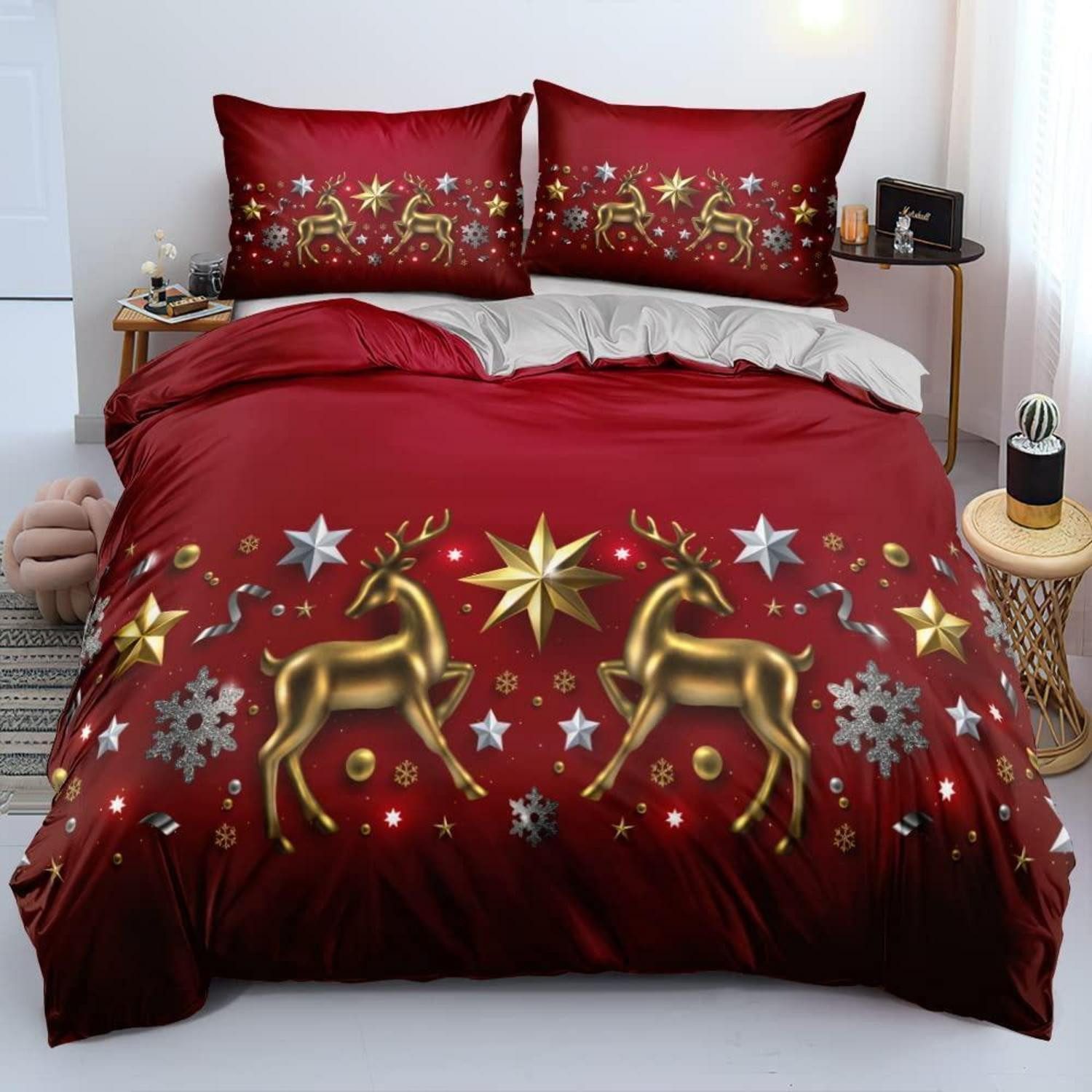 LuxusKollektion Bettwäsche Bettwäsche 135x200 2tlg Rot Grau Weihnachten Sterne