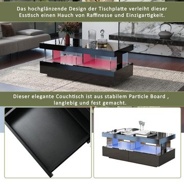 BlingBin Couchtisch moderner Hochglanz-Sofatisch (100*60*49.5cm, kratzfeste), ausreichend Stauraum, USB Powered, eleganten Glaspaneelen