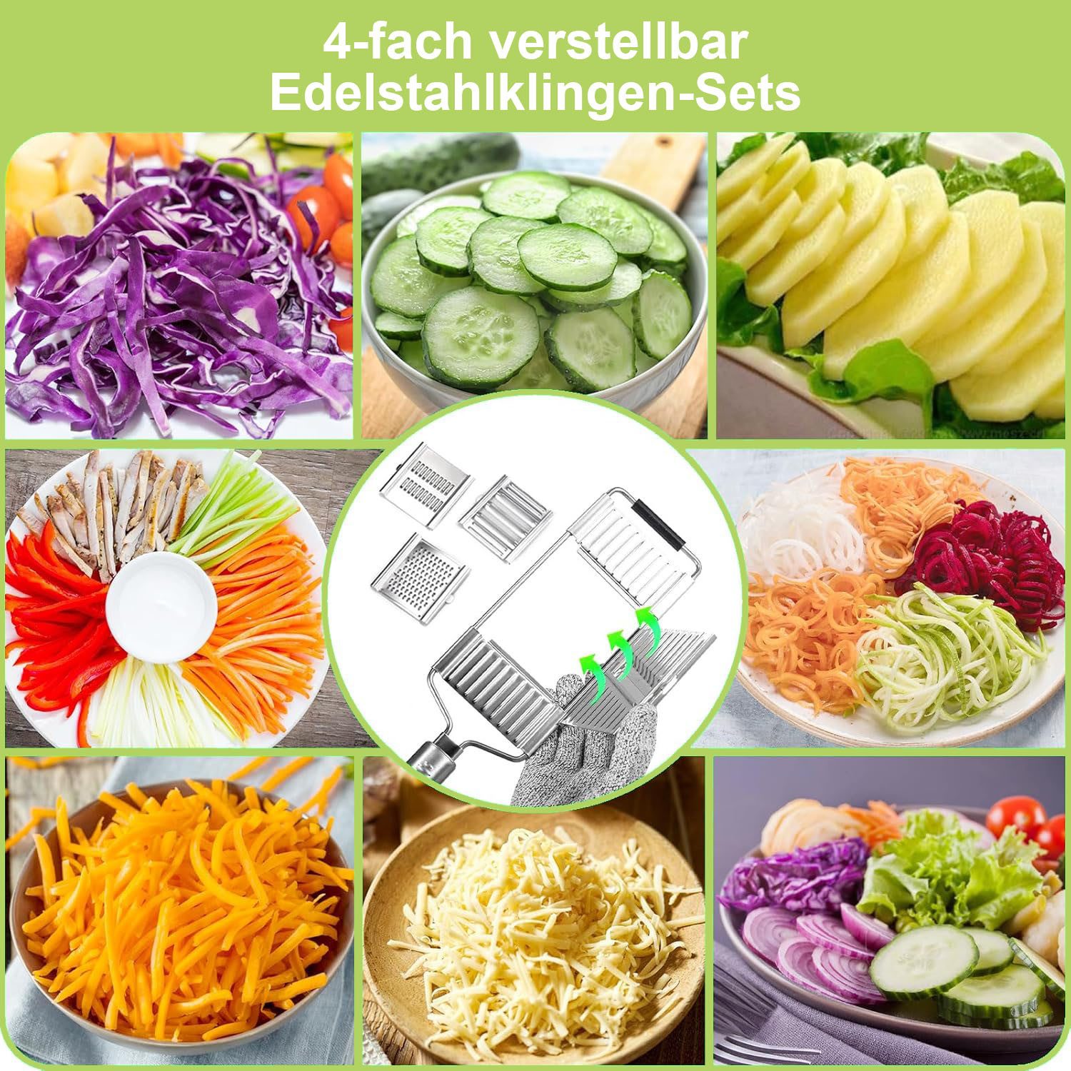 SURFOU Gemüsehobel 4-in-1 Verstellbar Edelstahl Gemüsereibe Küchenhobel und Reibe, emüsereibe, Heimküche, in Scheiben geschnitten, 4 teiliges Set