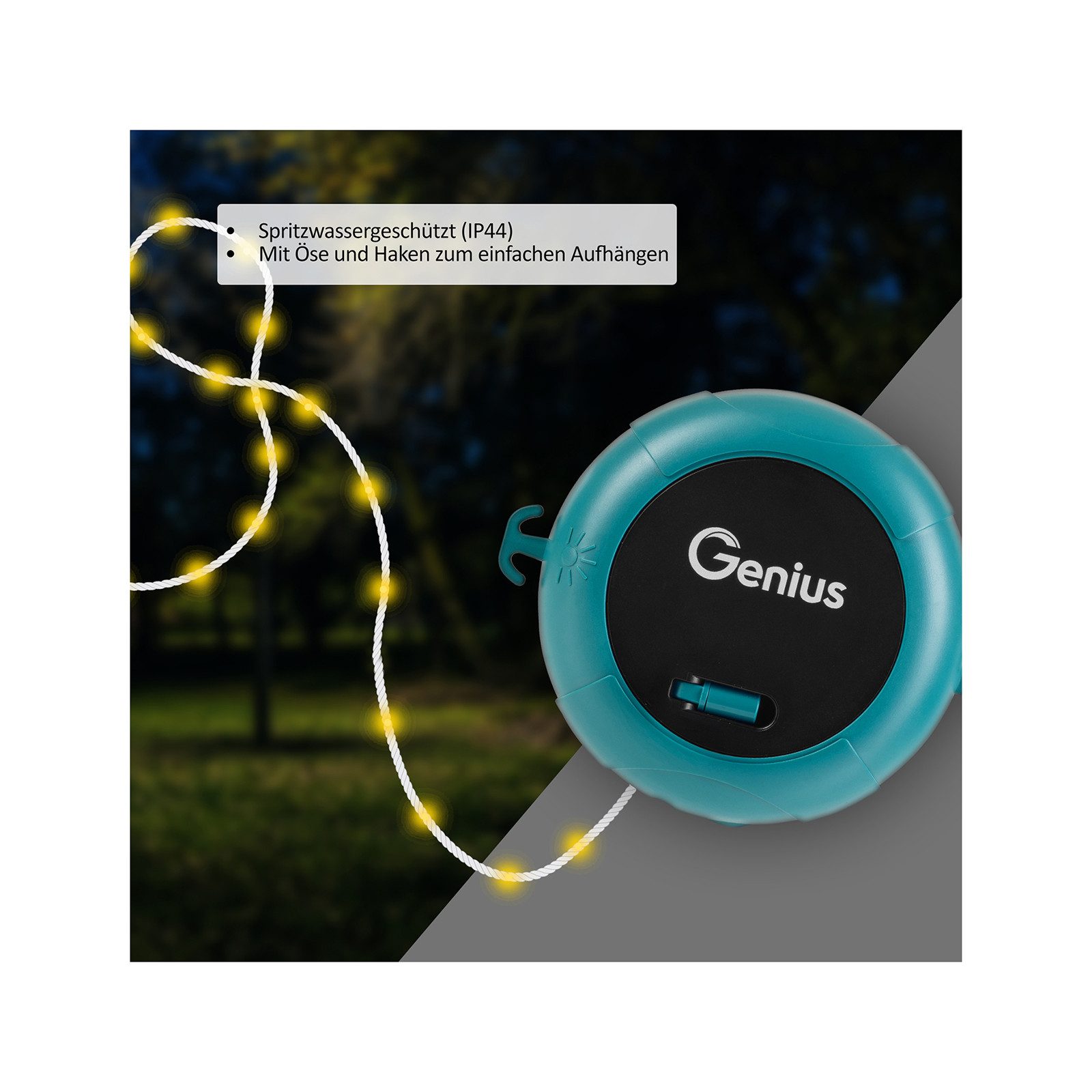 Genius LED-Lichterkette Genius Camping LED Lichterkette Akku aufrollbar 2.tlg, 4 Lichtmodi, Wetterfest (IP44) – perfekt für Outdoor & Camping
