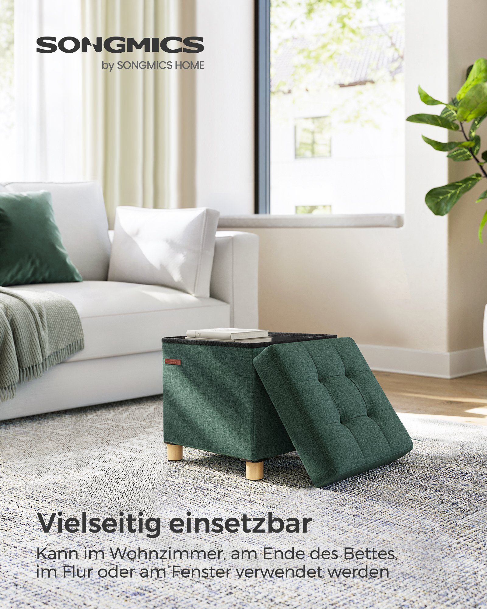 SONGMICS Sitzhocker mit Stauraum, 38 x 38 x 40 cm, für Wohnzimmer Schlafzimmer Schlafsaal, kleine klappbare, Aufbewahrungsbox, bis 300 kg belastbar, vintagegrün