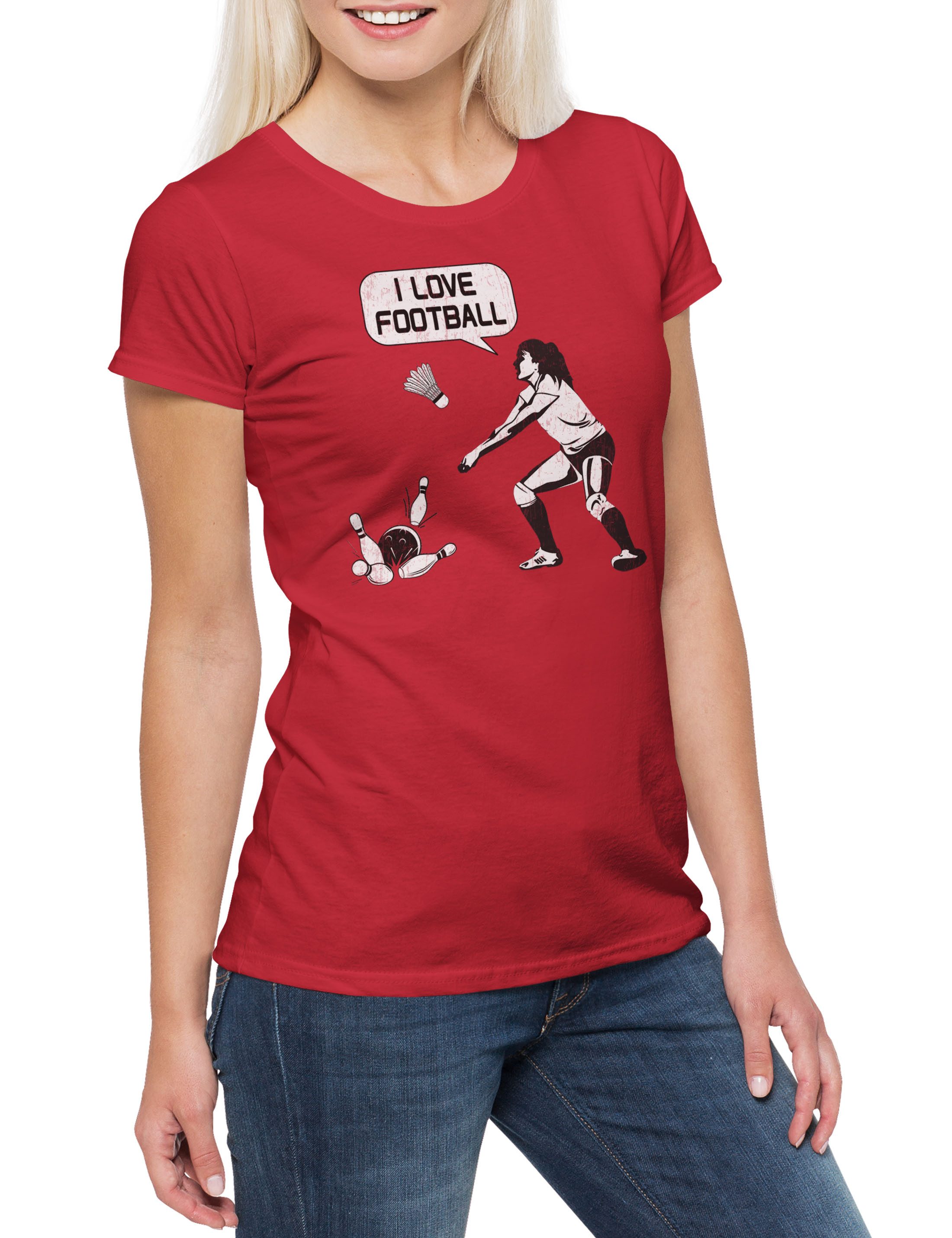 Print-Shirt I Love Football Damen T-Shirt Kegeln Bowling Volleyball Beach