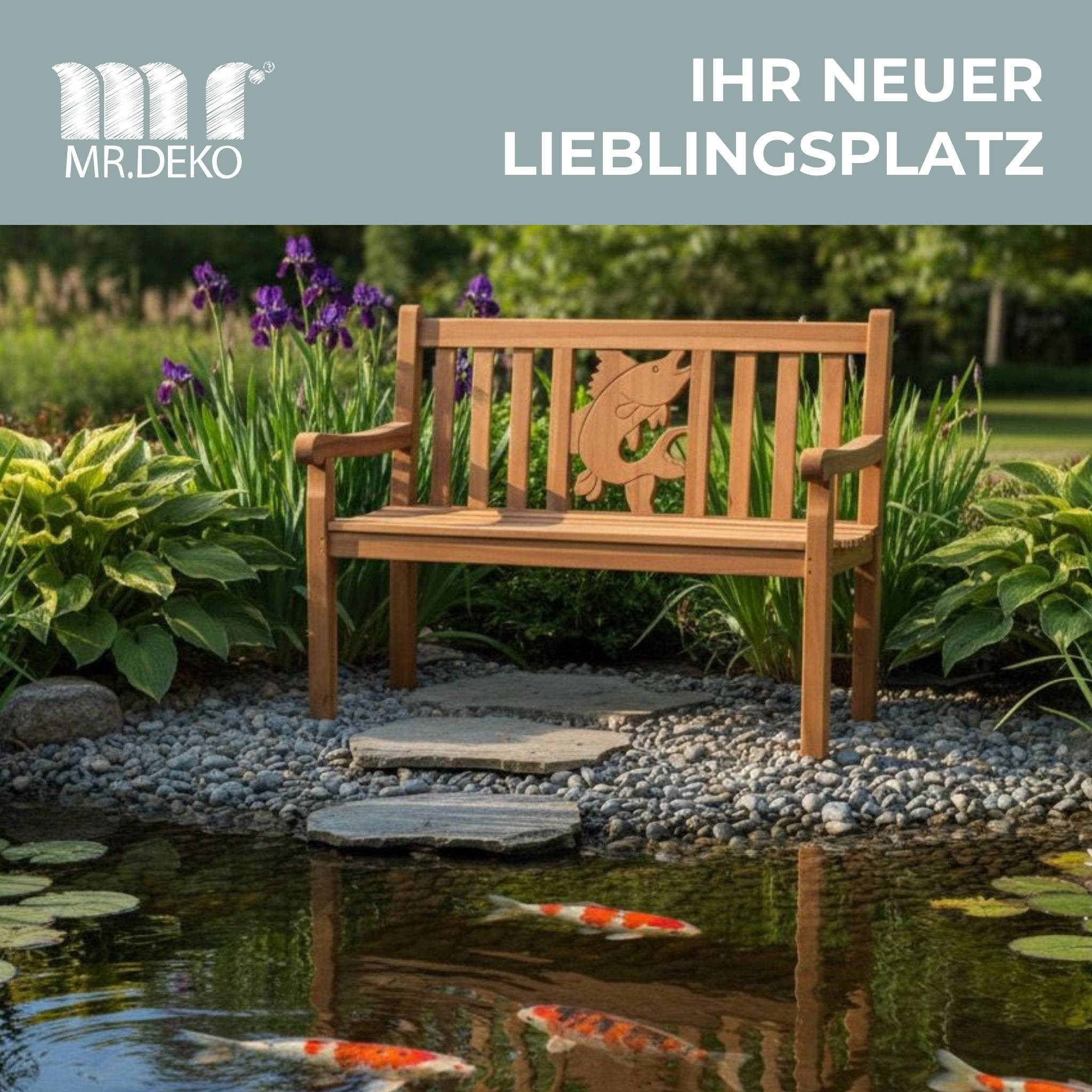 MR.DEKO Gartenbank Fisch-Motiv in der Lehne, wetterfest, Ruhe & Küstenliebe (2-Sitzer Bank, zerlegt geliefert, ideal für Terrasse, 1-St), Massive Sitzbank Garten und Balkon, 250 kg belastbar