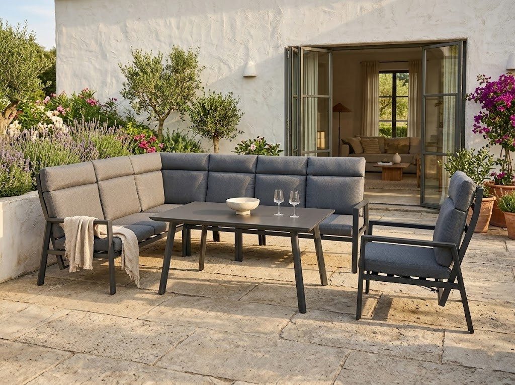 Gardissimo Gartenlounge-Set Lugano Dining Ecklounge Set, (Spar-Set, 3-tlg., 1 Eckelement + 1 Sessel + 1 hoher Tisch), mit stufenlos verstellbaren Rückenlehnen