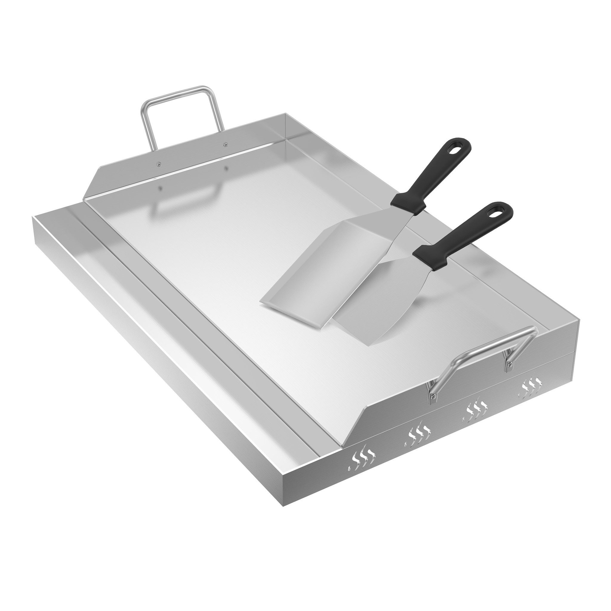 FIVMEN Grillplatte Edelstahl Grill Platte Set Universal BBQ Plancha Gasgrills Grillschale (Mit Griffe und Grillspachtel), für Gleichmäßige Hitzeverteilung Grillschale Inbegriffen Grillspachtel