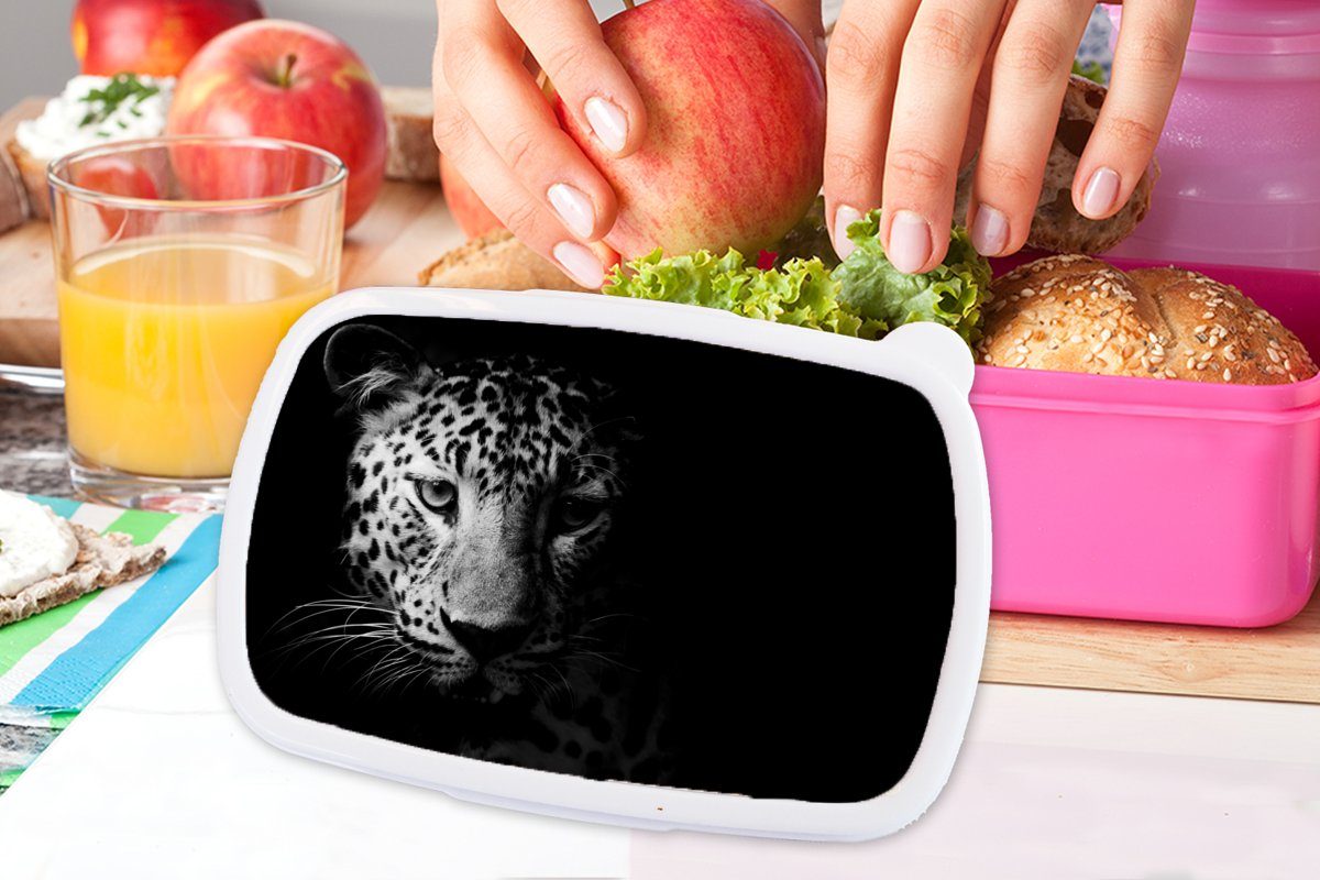 MuchoWow Lunchbox Panther - - Kunststoff, Kunststoff - Snackbox, (2-tlg), und Mädchen, für Brotbox Tiere, Brotdose Wildtiere Schwarz Erwachsene, rosa Kinder, weiß