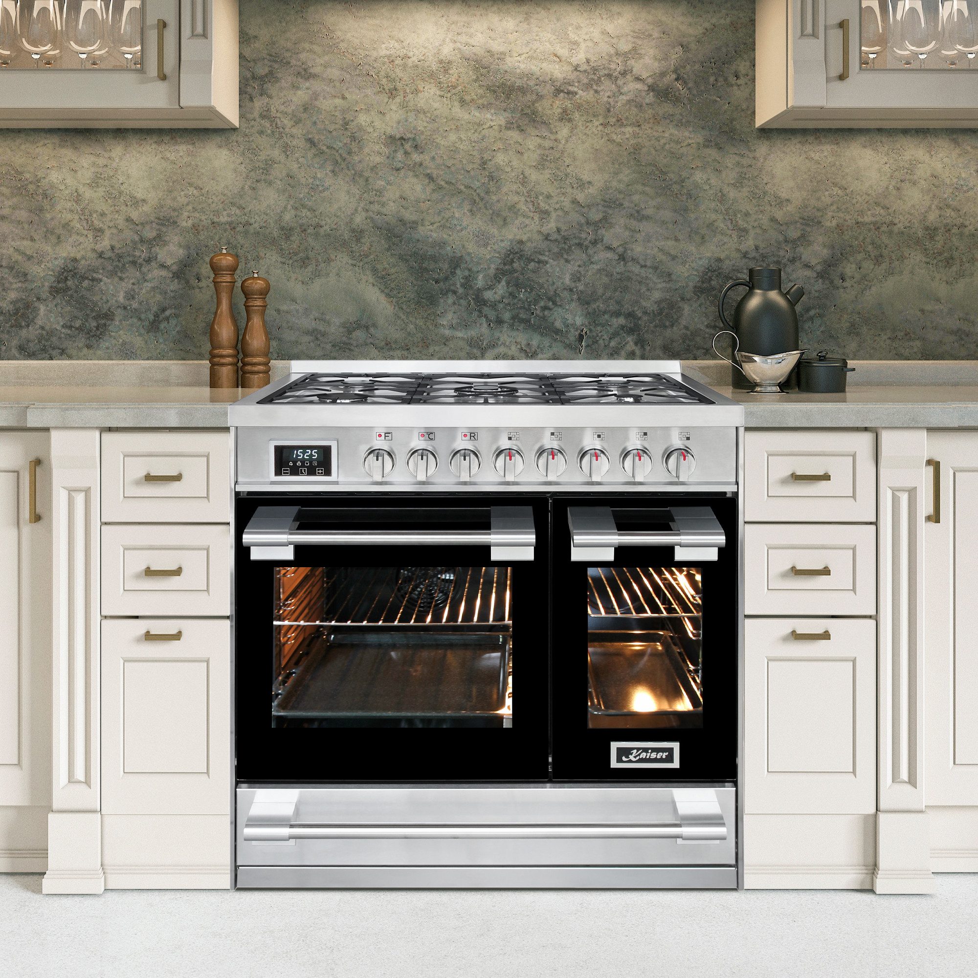 Kaiser Küchengeräte Gasherd-Set Gas Elektro Standherd 90 cm, Edelstahl, Inox, Range Coocker+Luxus Dunstabzugshaube 90cm HGE 93201 R+AT 9430 F ECO., mit 1-fach-Teleskopauszug