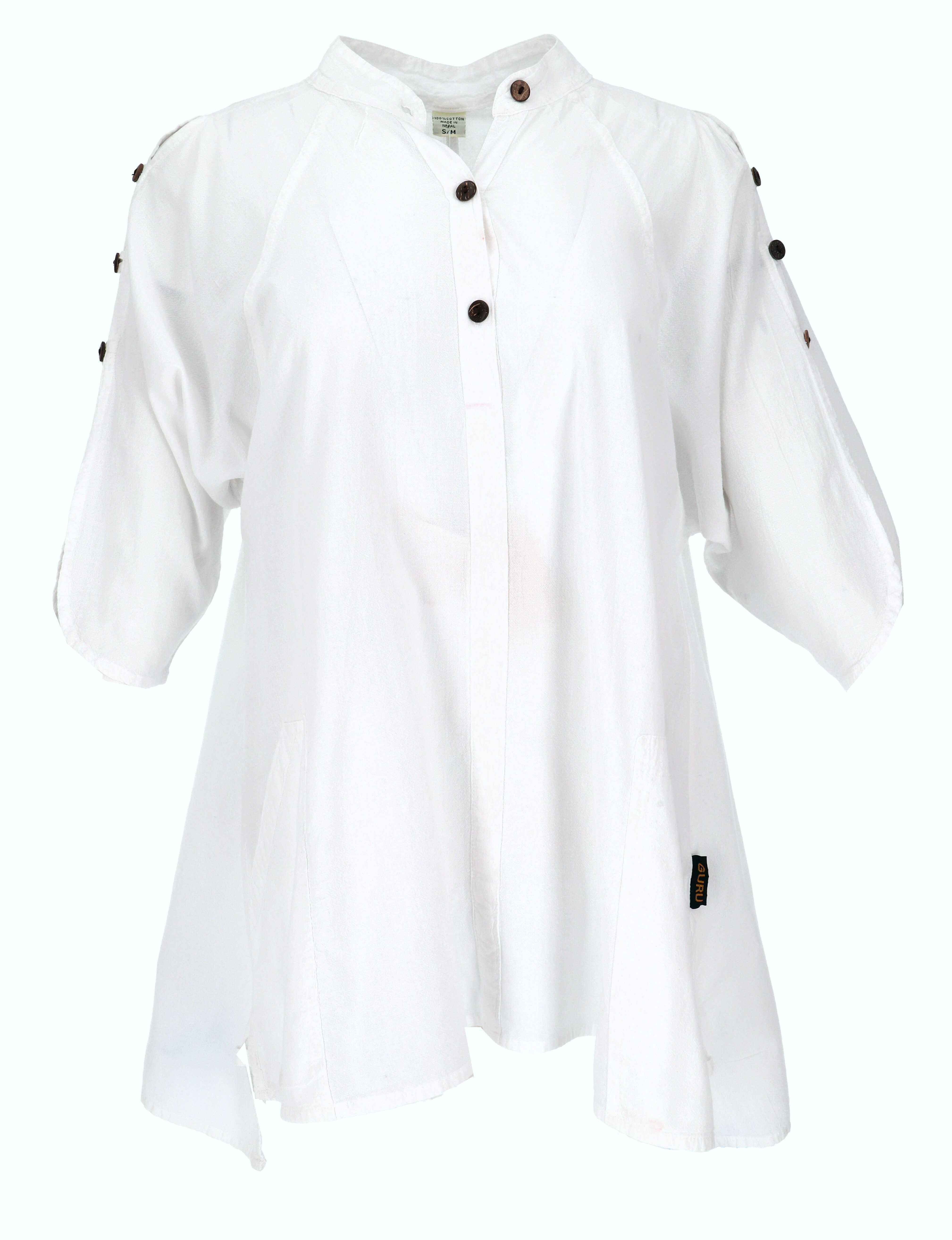 Guru-Shop Longbluse Bequeme Baumwoll-Tunikabluse mit Kokosknöpfen,..