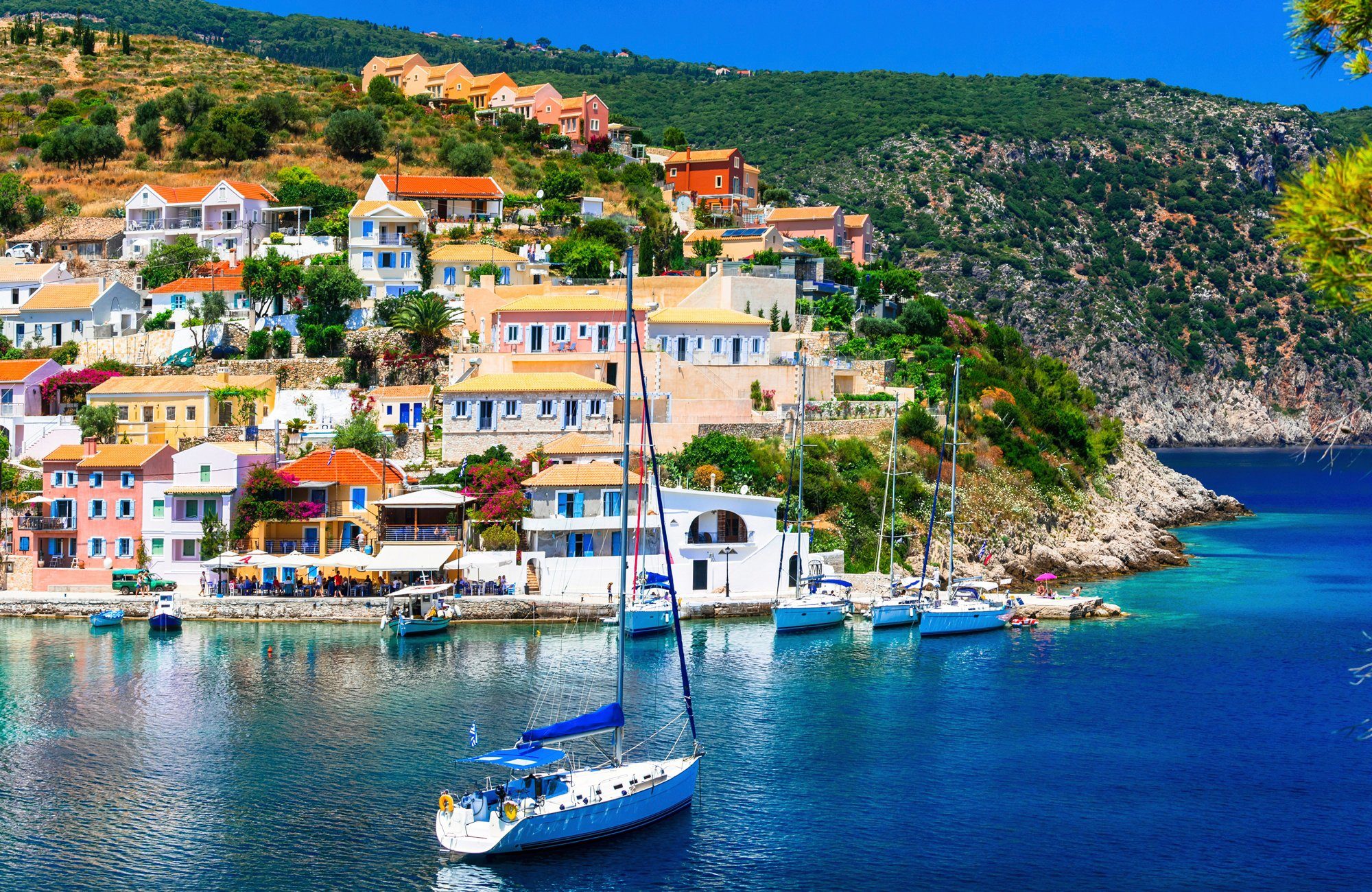 Papermoon BOOTE INSEL STRAND MEER AM Fototapete MEER-KEFALONIA KLIPPEN DORF