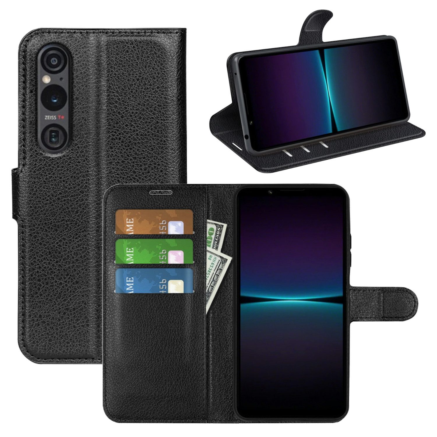 Wigento Smartphone-Hülle Für Sony Xperia 1 VII Kunstleder Book Wallet Tasche Hülle Schwarz, Kunstleder Hülle mit Kartenfächern und Standfunktion