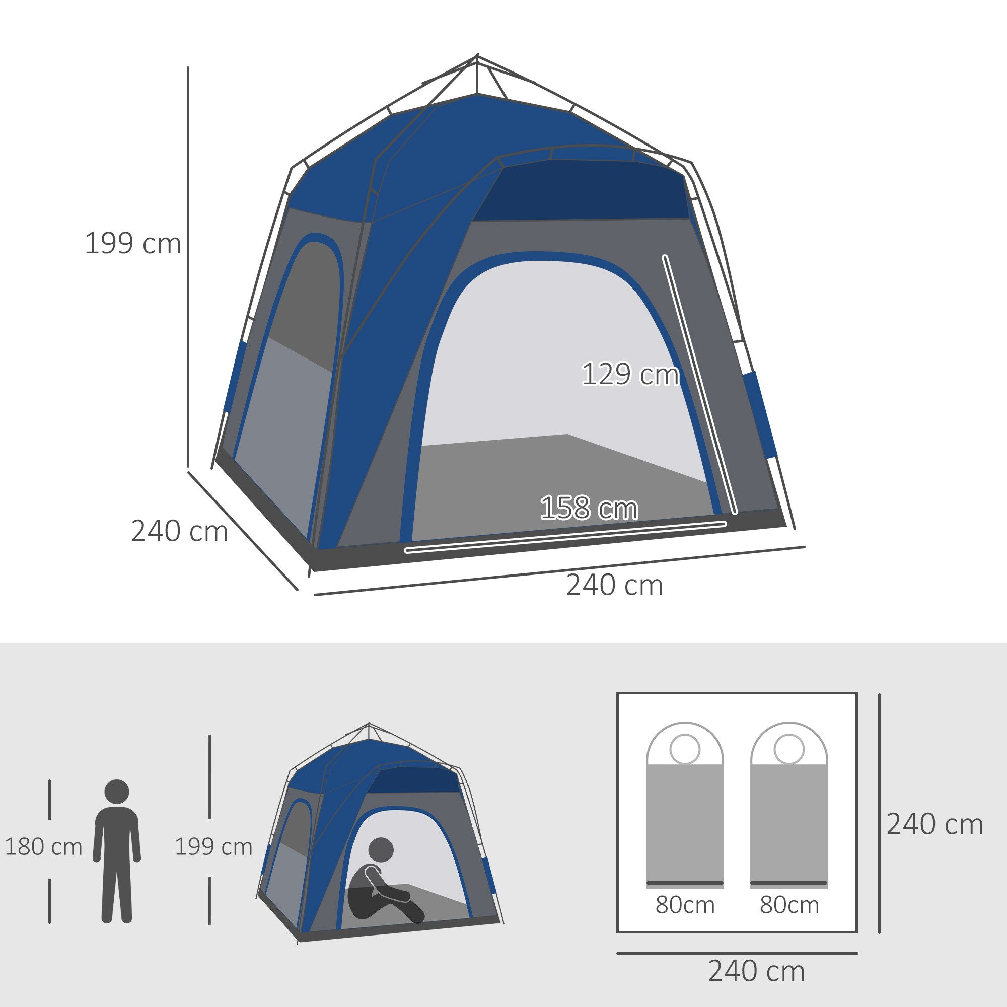 Outsunny Kuppelzelt mit Haken, Tür, Fenster, Bodenplane, Personen: 3 (UV 50+ Pop Up Campingzelt, 1 tlg., Familienzelt), für Camping Reise Trekking Garten
