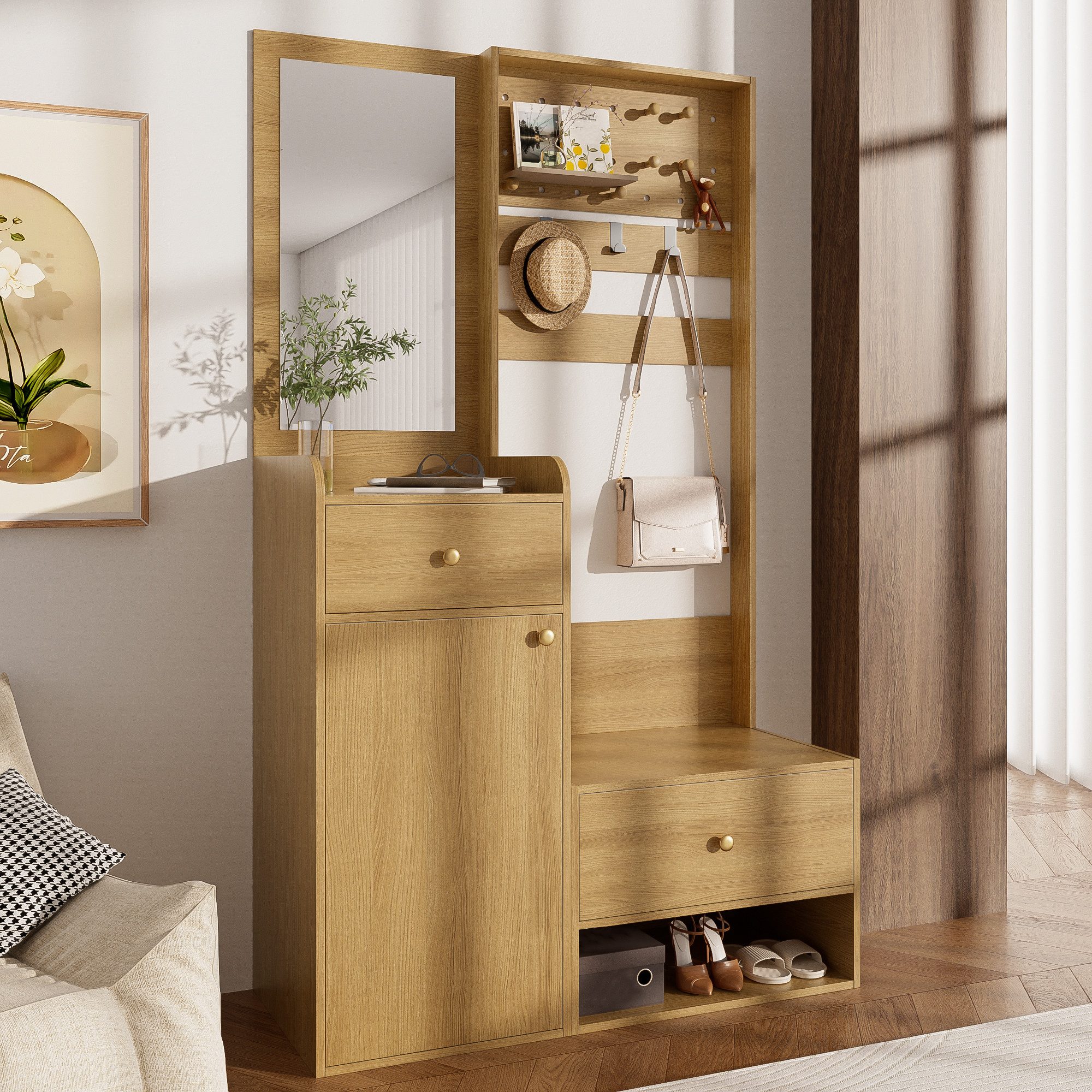 OKWISH Kleiderschrank 105x38x180 cm mit Spiegel, verstellbaren Haken und Schubladen (Packung, 1-St., Elegante weiße, Modernes Multifunktionales Eingangsregal) für Schuhe, Mäntel und kleine Gegenstände