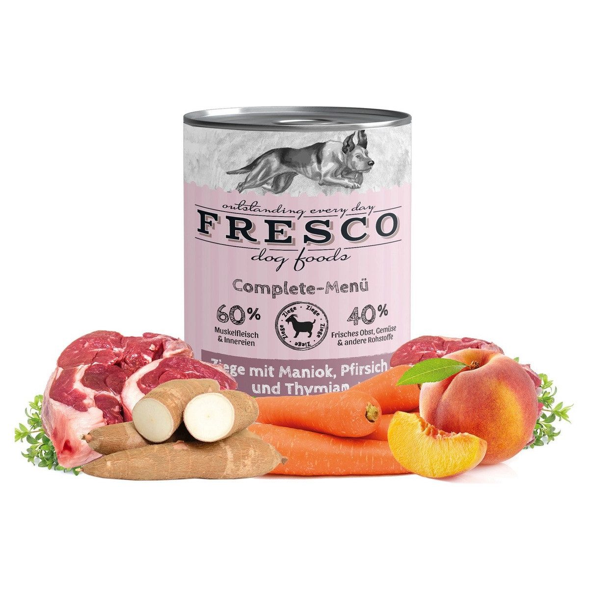 Fresco Dog Complete-Menü Ziege mit Maniok, Pfirsich und Thymian 400 g - 12 Stüc, Nassfutter für: Hund