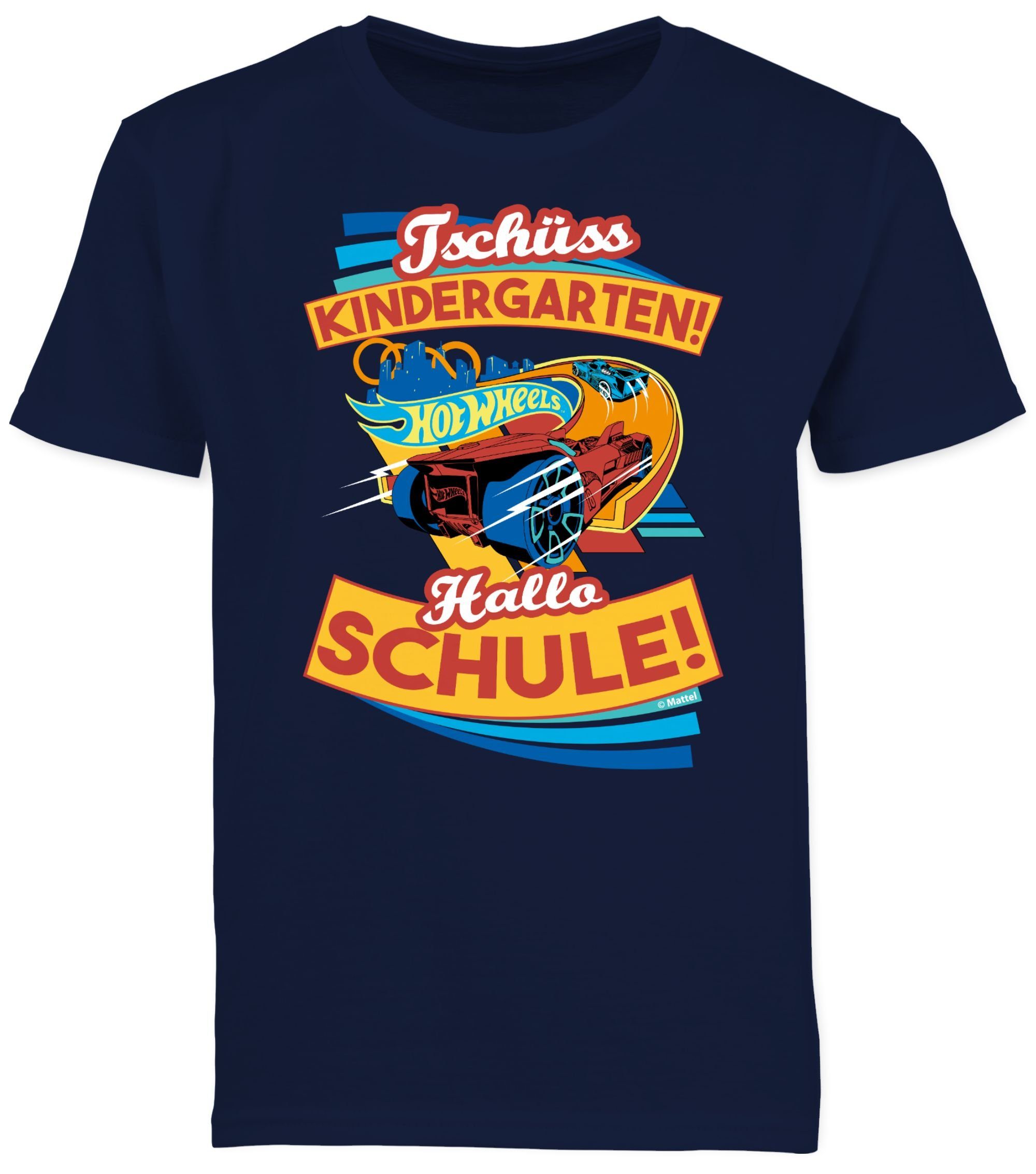 Shirtracer T-Shirt Tschüss Kindergarten! Hallo Dunkelblau Jungen 02 Hot Schule! Wheels
