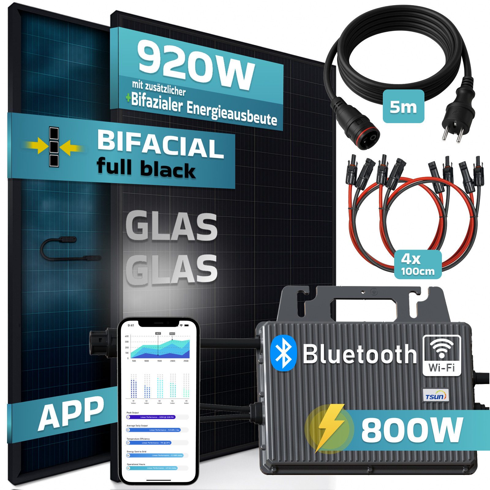 Thumbnail - SUNNIVA Balkonkraftwerk 920W BIFAZIAL FULLBLACK komplett Steckdose, (TSUN 800W Wechselrichter, PV Solaranlage, 2x 460W G...
