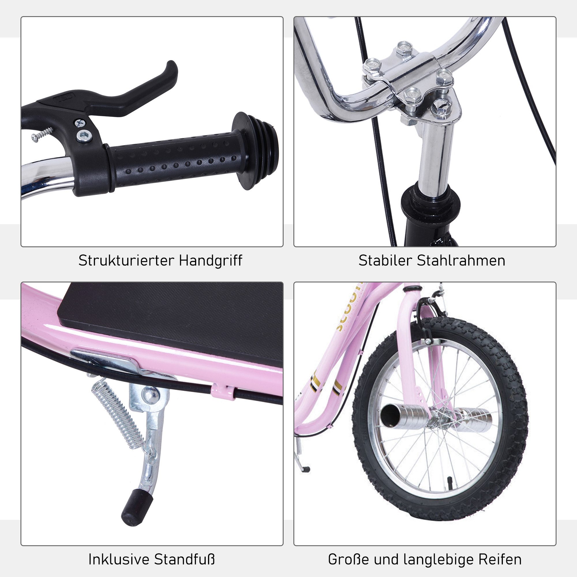 HOMCOM Cityroller Kinderroller Scooter mit verstellbarem Lenker, großen Rädern, 0 km/h, (Kickscooter, 1 tlg., Kinderroller), für Garten, Rosa – Bild 5 von 5