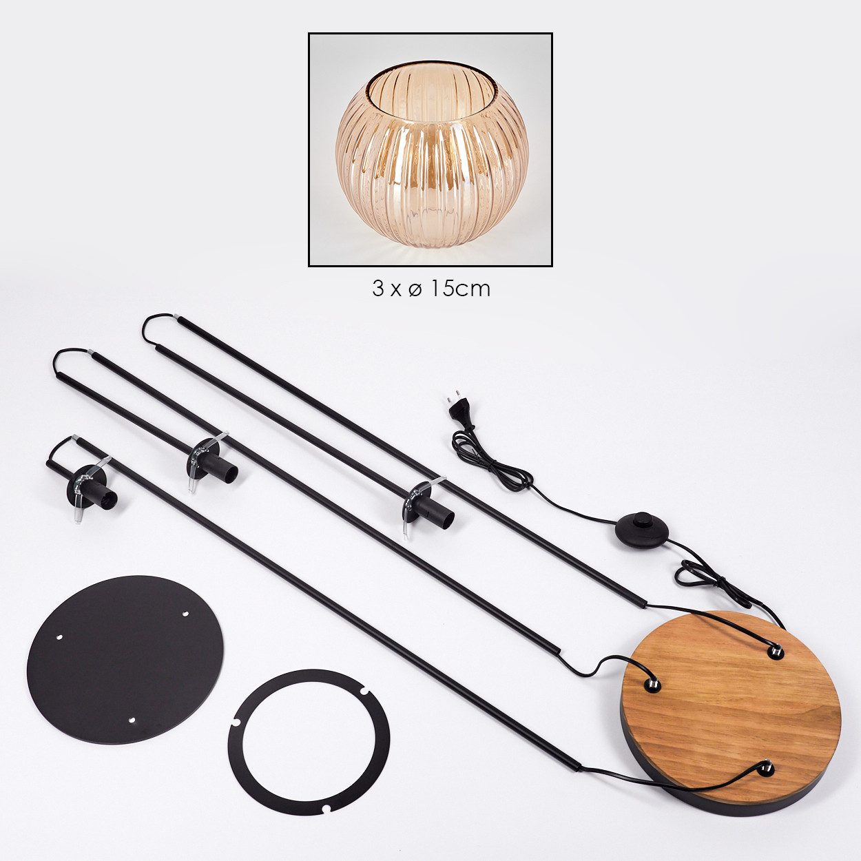 hofstein Stehlampe Stehlampe aus Metall/Holz/Riffelglas in Schwarz/Natur/Bernstein, ohne Leuchtmittel, Stehleuchte im Retro-Design m. Glasschirmen (15cm), Fußschalter, E14