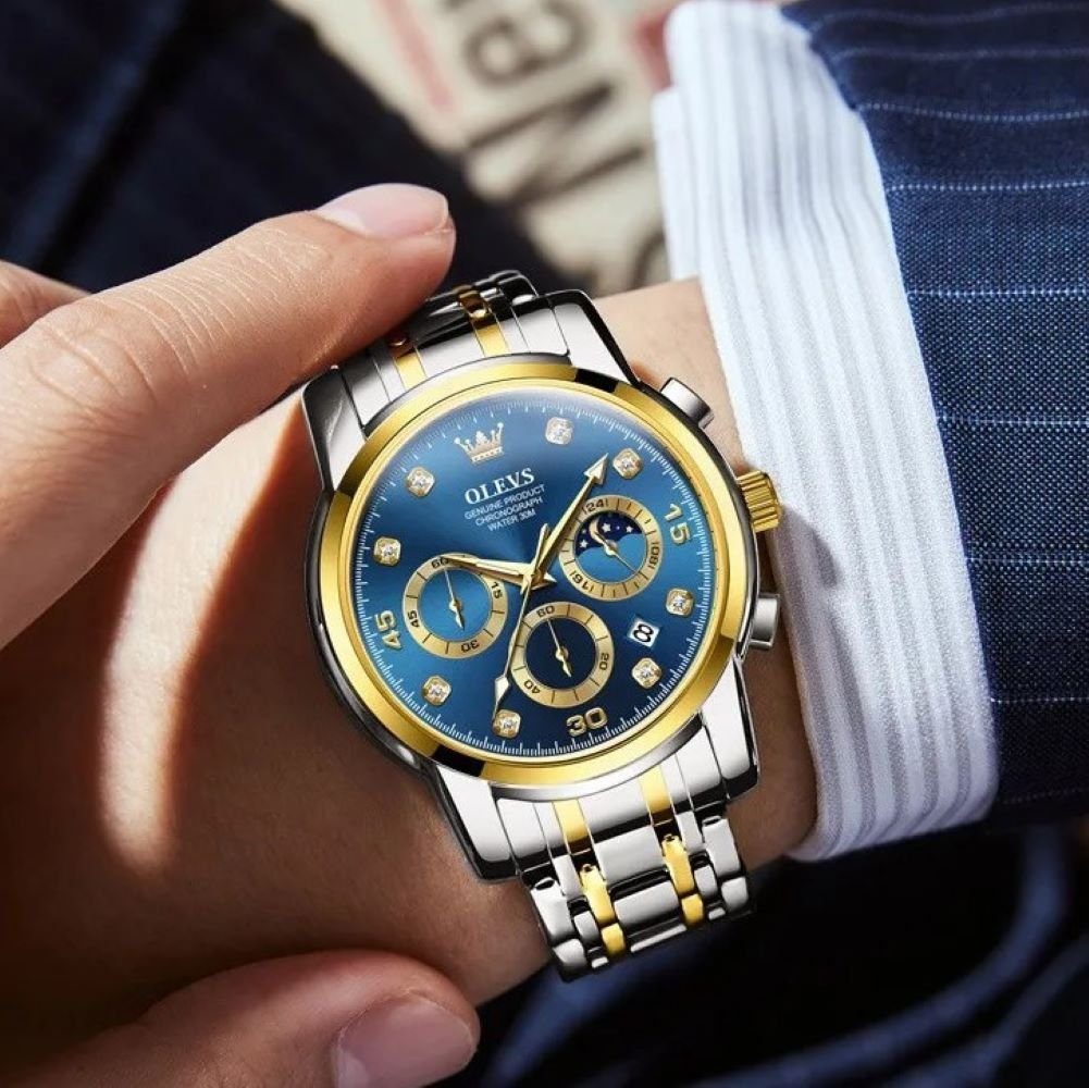 OLEVS Quarzuhr Herren Olevs Chronograph Bicolor Silber/Gold Blau