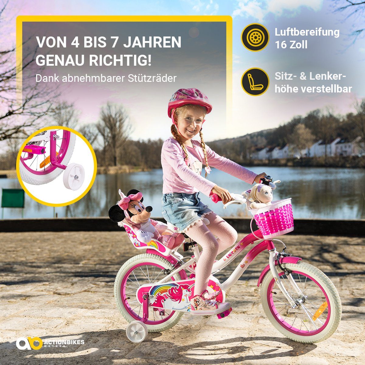 Actionbikes Motors Girls' Bicycle, Unicorn Design, Includes Doll Seat & Basket, 1-Speed, No Gears, (Unicorn Design, 16-inch, Suitable for children 105 cm and taller, 40 kg maximum load, Training Wheels, Bell, Reflectors, Non-Slip Grips, Handlebar Protector, V-Brake, Pneumatic Tires, Mudguards, Pink/White), Height-Adjustable Bike, Suitable for children 4 years and older