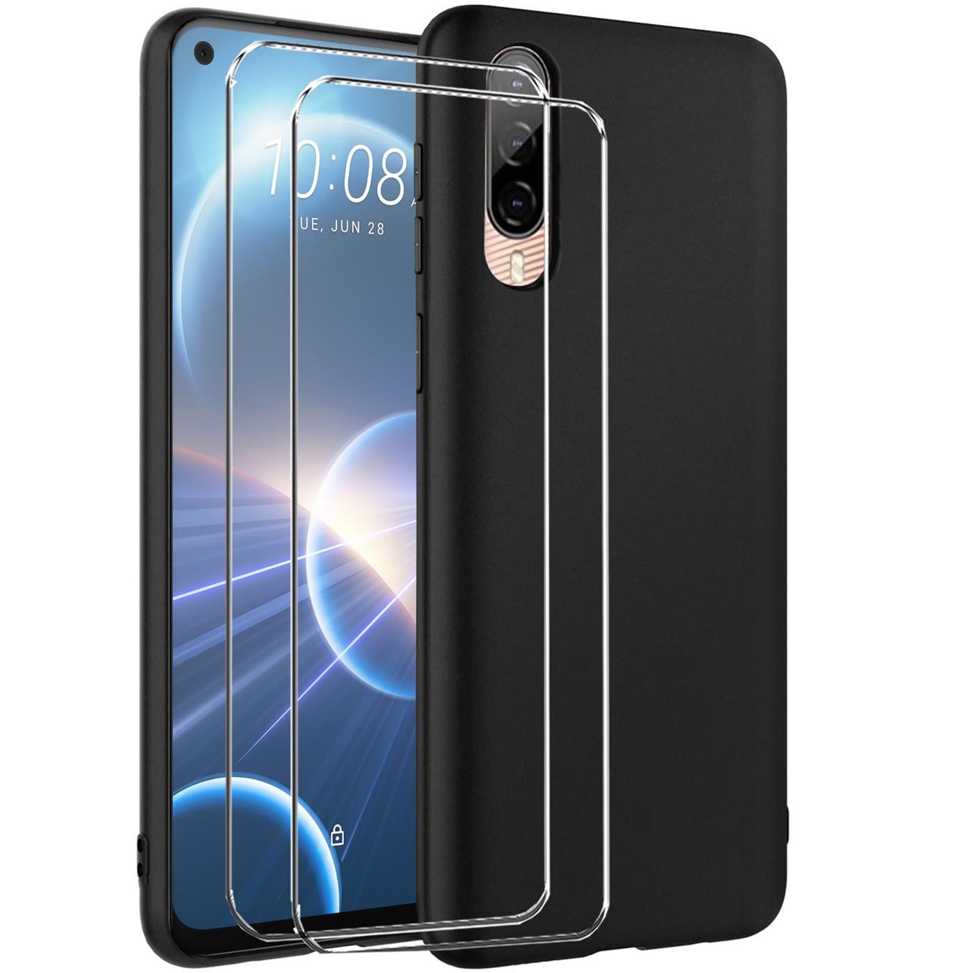 CoolGadget Handyhülle Schwarz als 2in1 Schutz Cover Set für das HTC Desire 22 Pro 6,6 Zoll, 2x Glas Display Schutz Folie + 1x TPU Case Hülle für Desire 22 Pro